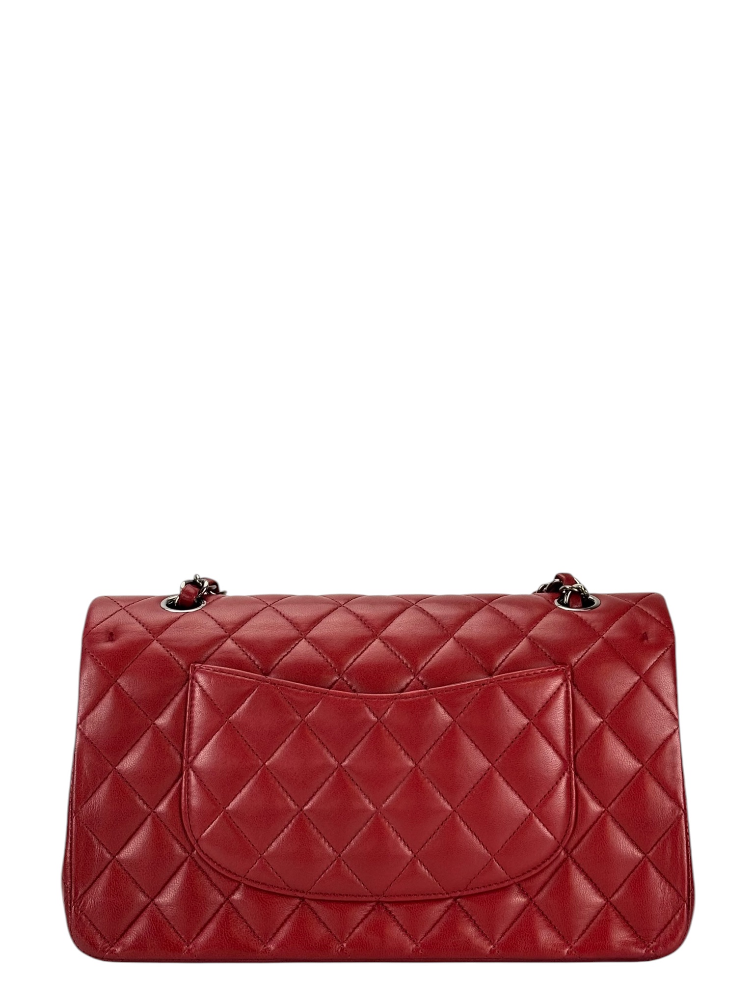 CHANEL - Medium Classic Double Flap Bag Red Lambskin Sliver Hardware (CF25)