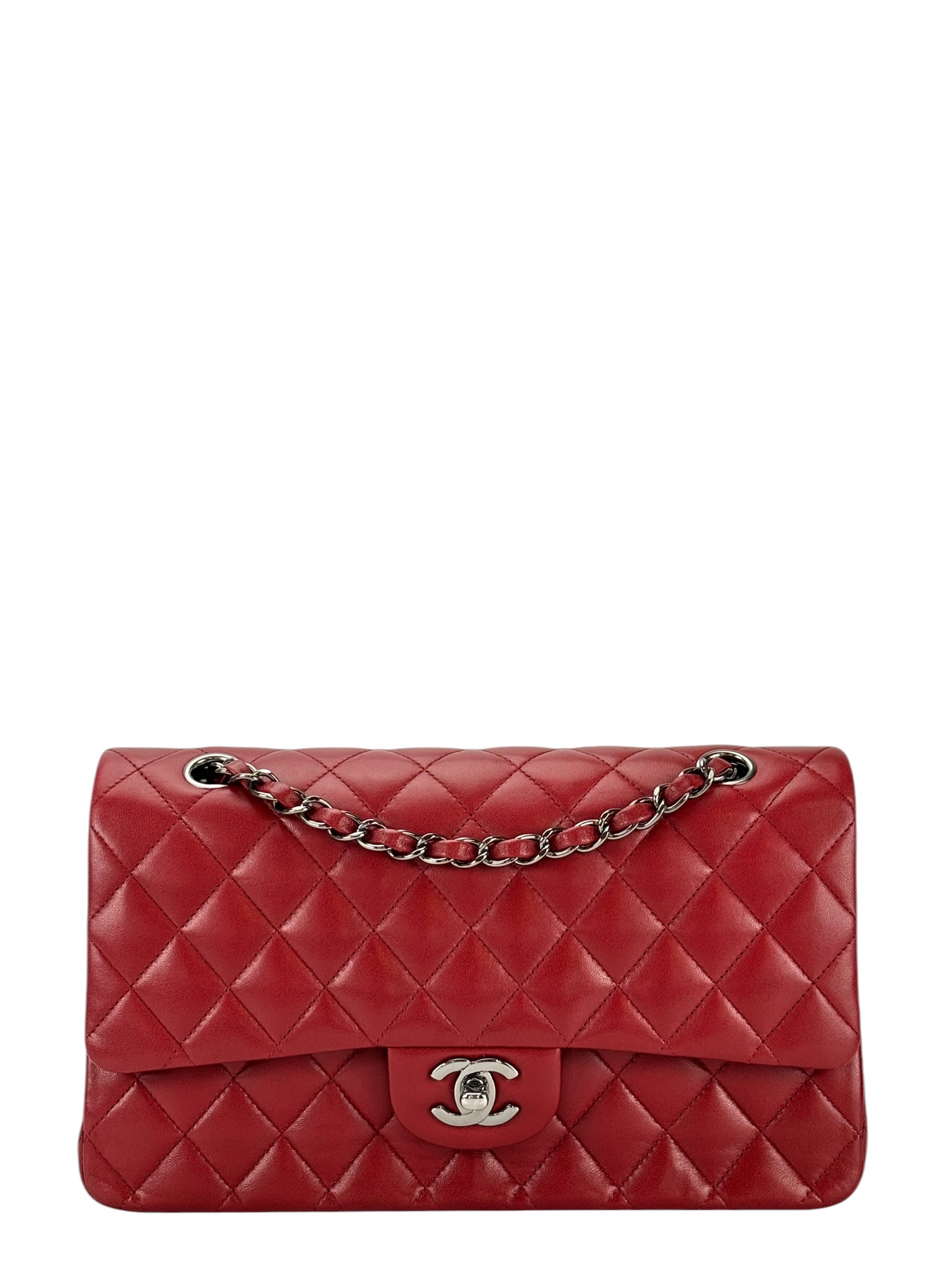 CHANEL - Medium Classic Double Flap Bag Red Lambskin Sliver Hardware (CF25)