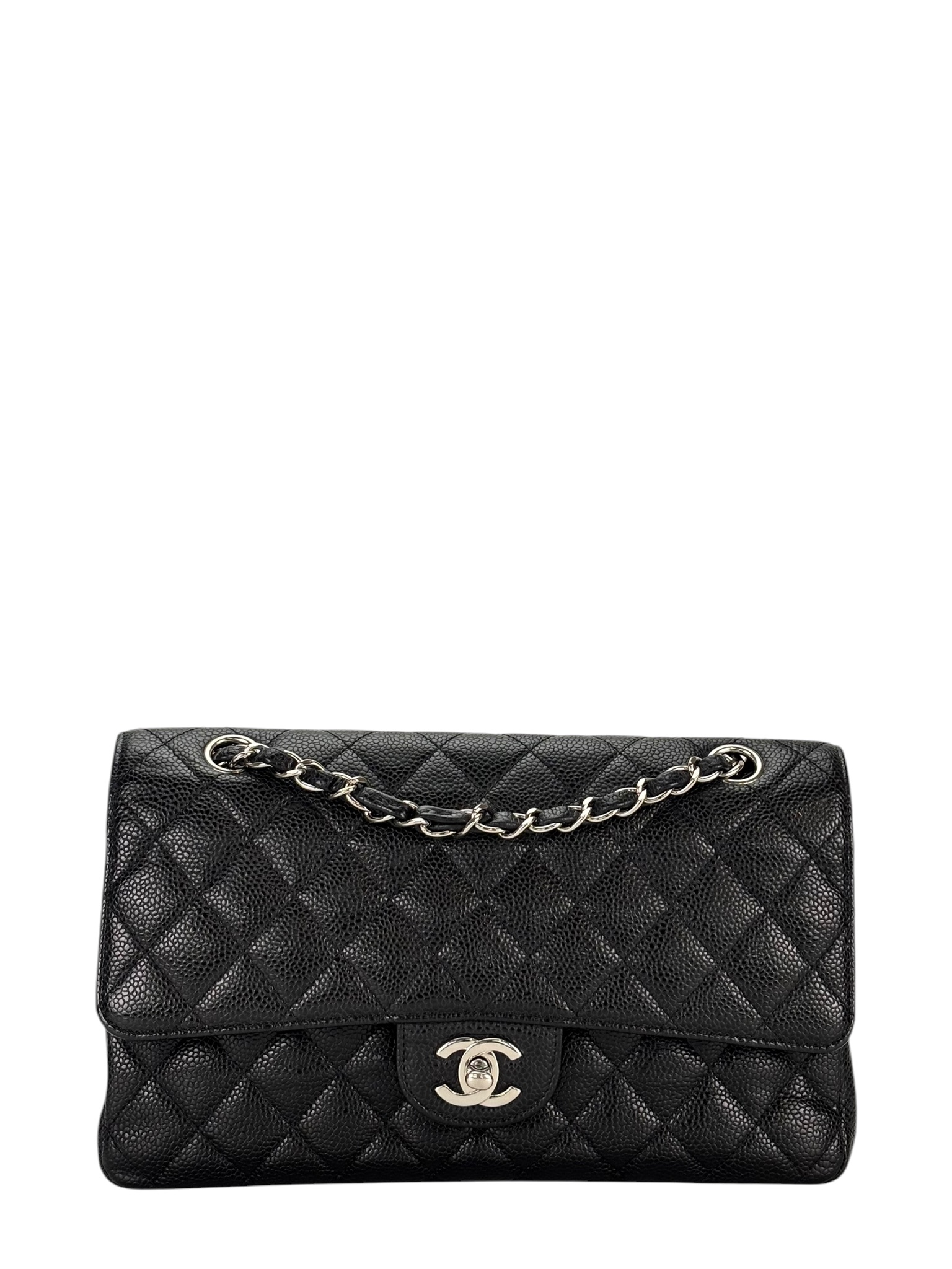 CHANEL - Medium Classic Double Flap Bag Black Caviar Sliver Hardware (CF25)