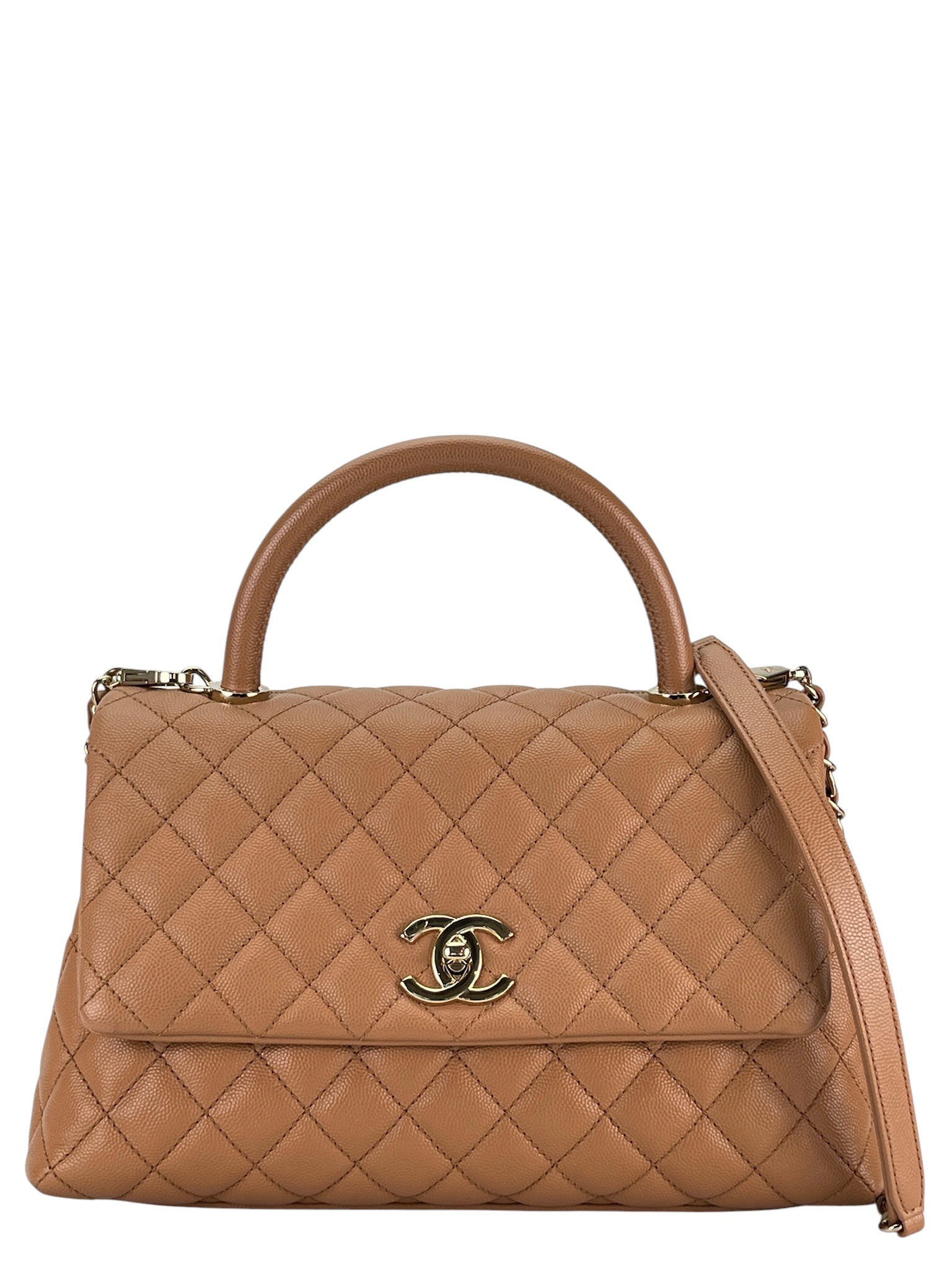 CHANEL - Caviar Skin Coco Handle Bag Dark Beige