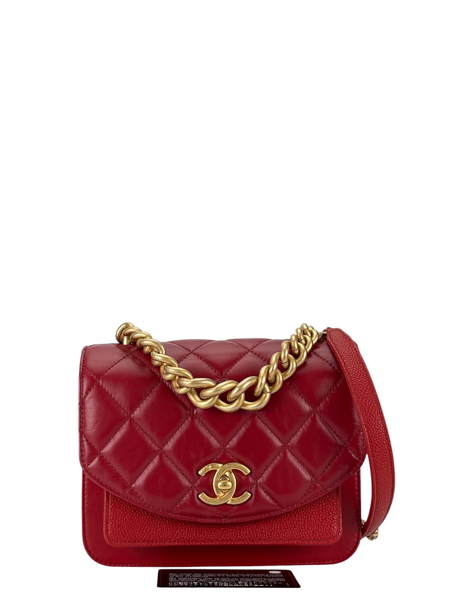 CHANEL - Red Waxed Calfskin Caviar Quilted Chain Handle Shoulder