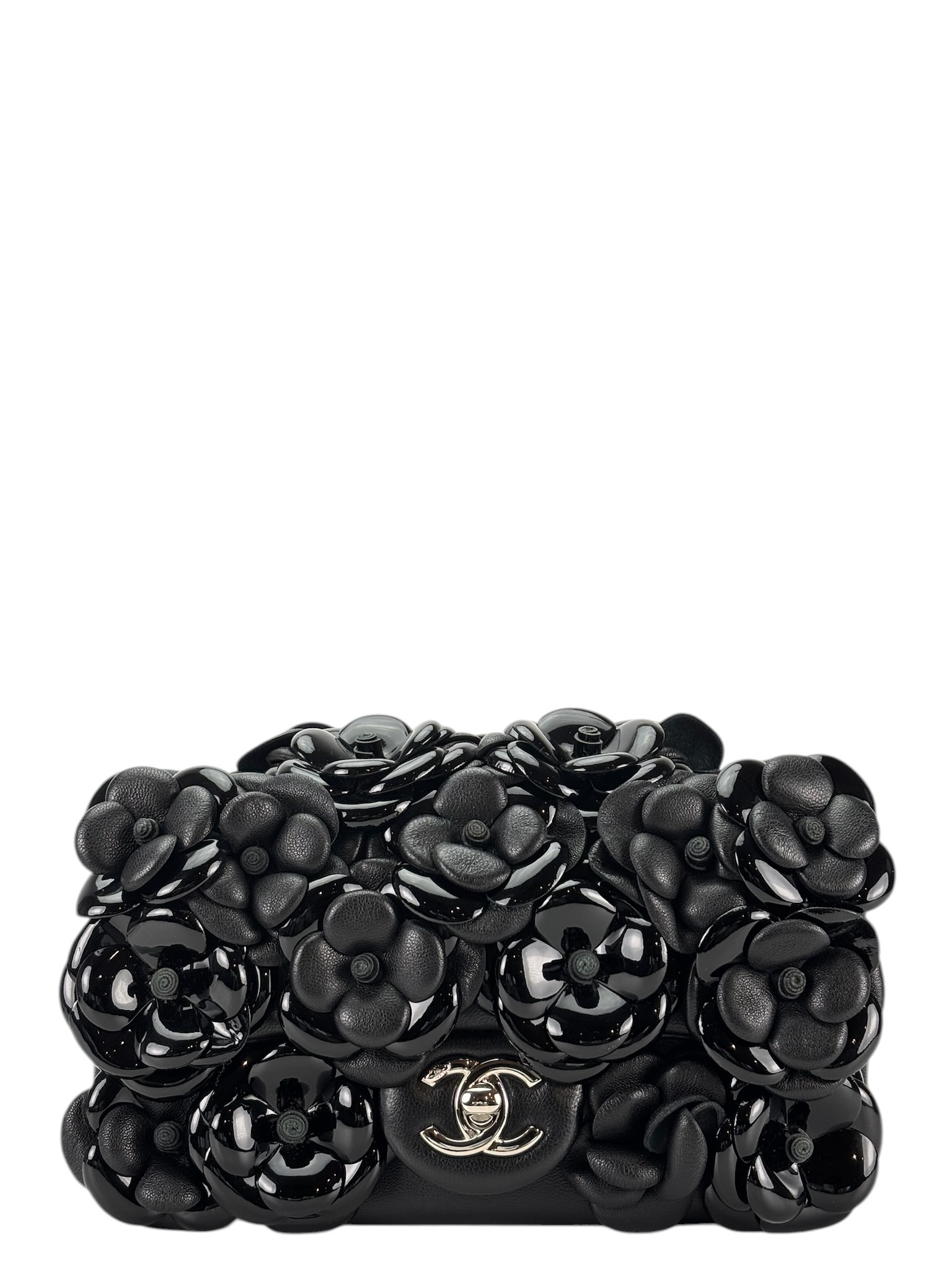 CHANEL - Black Patent Lambskin Camellia Mini Flap Bag 