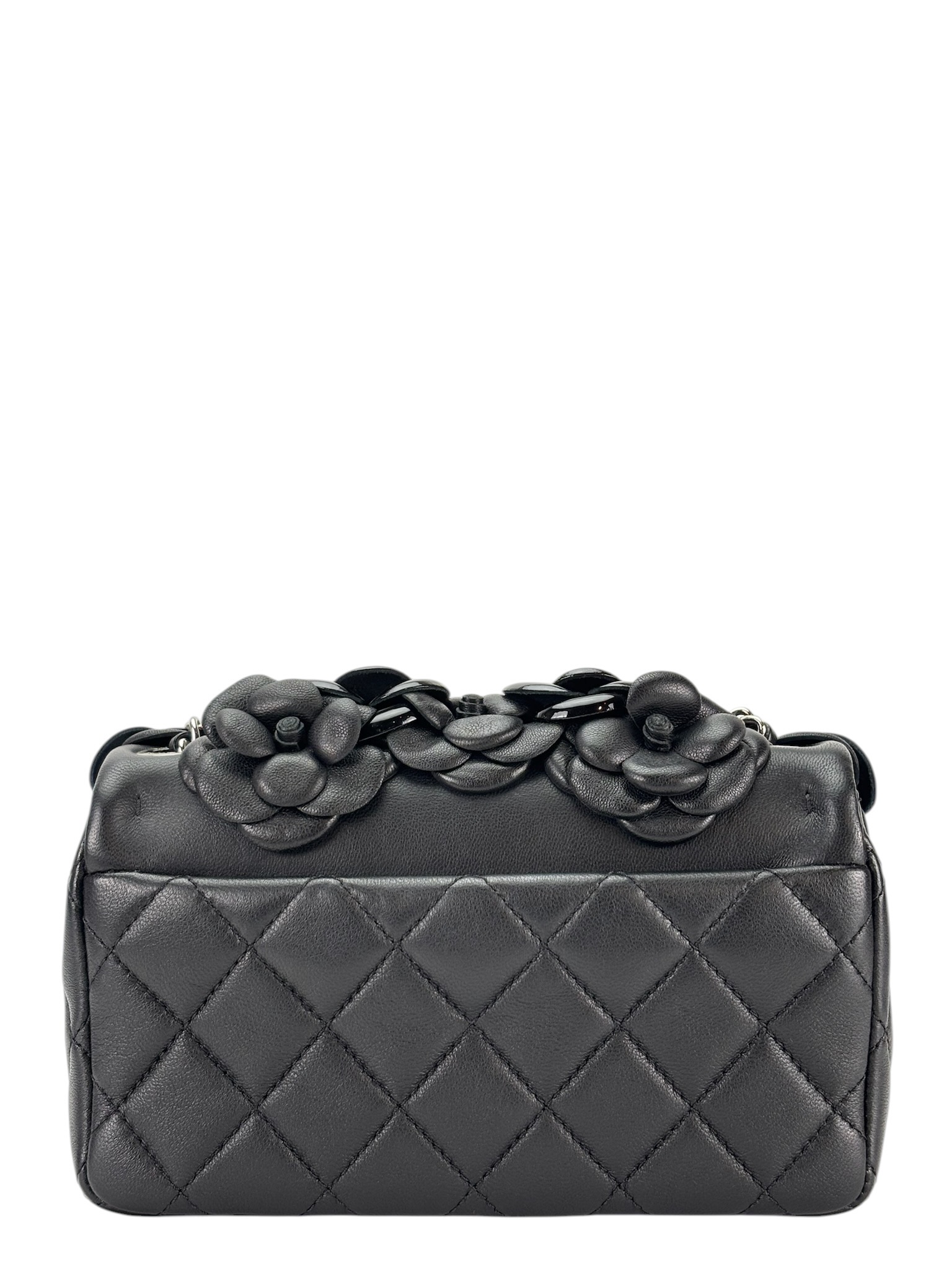 CHANEL - Black Patent Lambskin Camellia Mini Flap Bag 