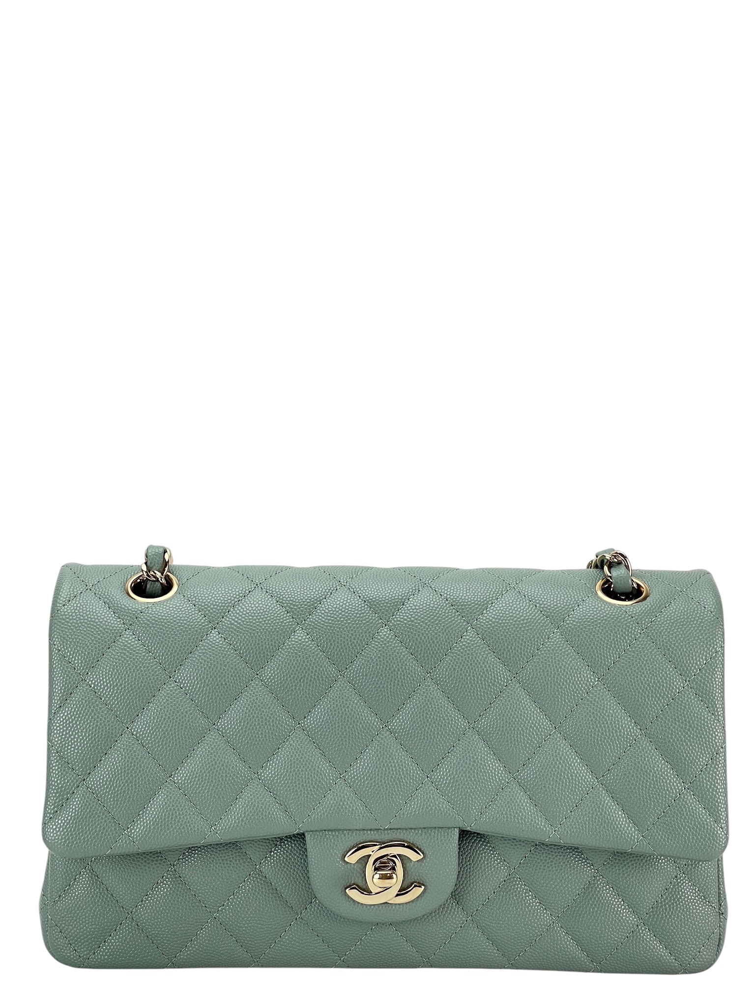 CHANEL - Medium Classic Double Flap Bag Dark Green Caviar Sliver Hardware (CF25)