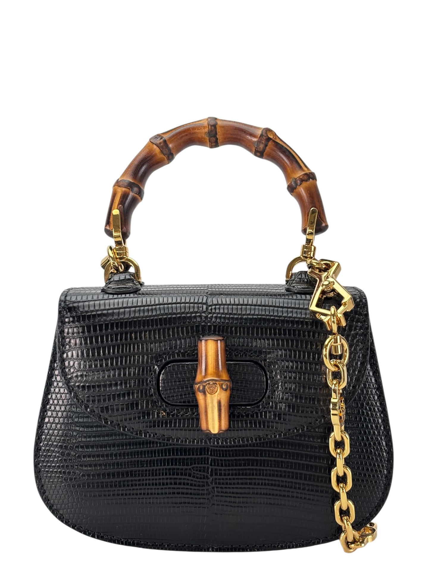 GUCCI - Black Lizard Leather 2way Mini Bamboo Handbag – Camellia