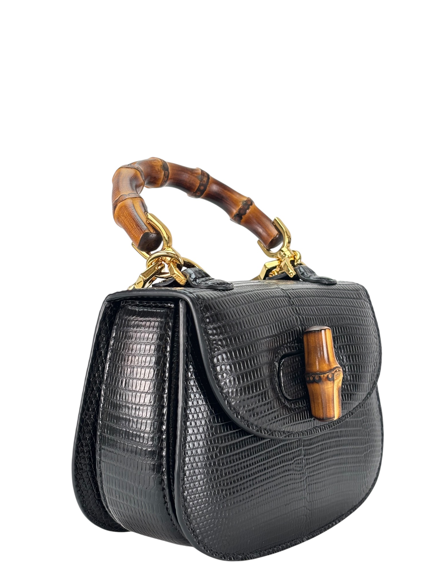 GUCCI - Black Lizard Leather 2way Mini Bamboo Handbag – Camellia