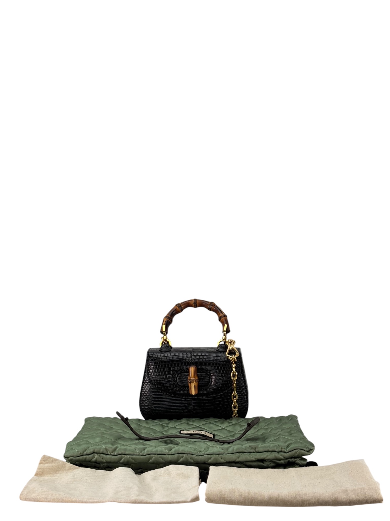 GUCCI - Black Lizard Leather 2way Mini Bamboo Handbag – Camellia