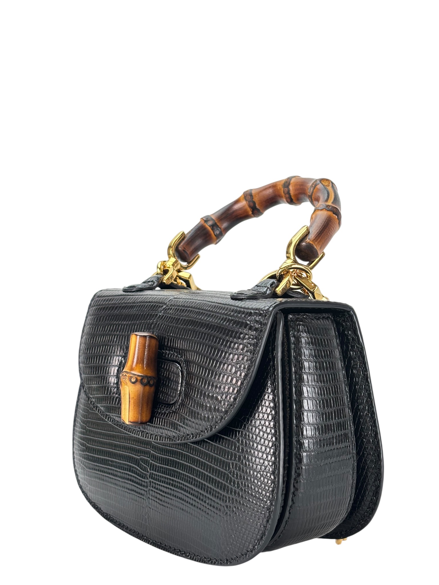 GUCCI 鞄 GUCCI - Black Lizard Leather 2way Mini Bamboo Handbag – Camellia