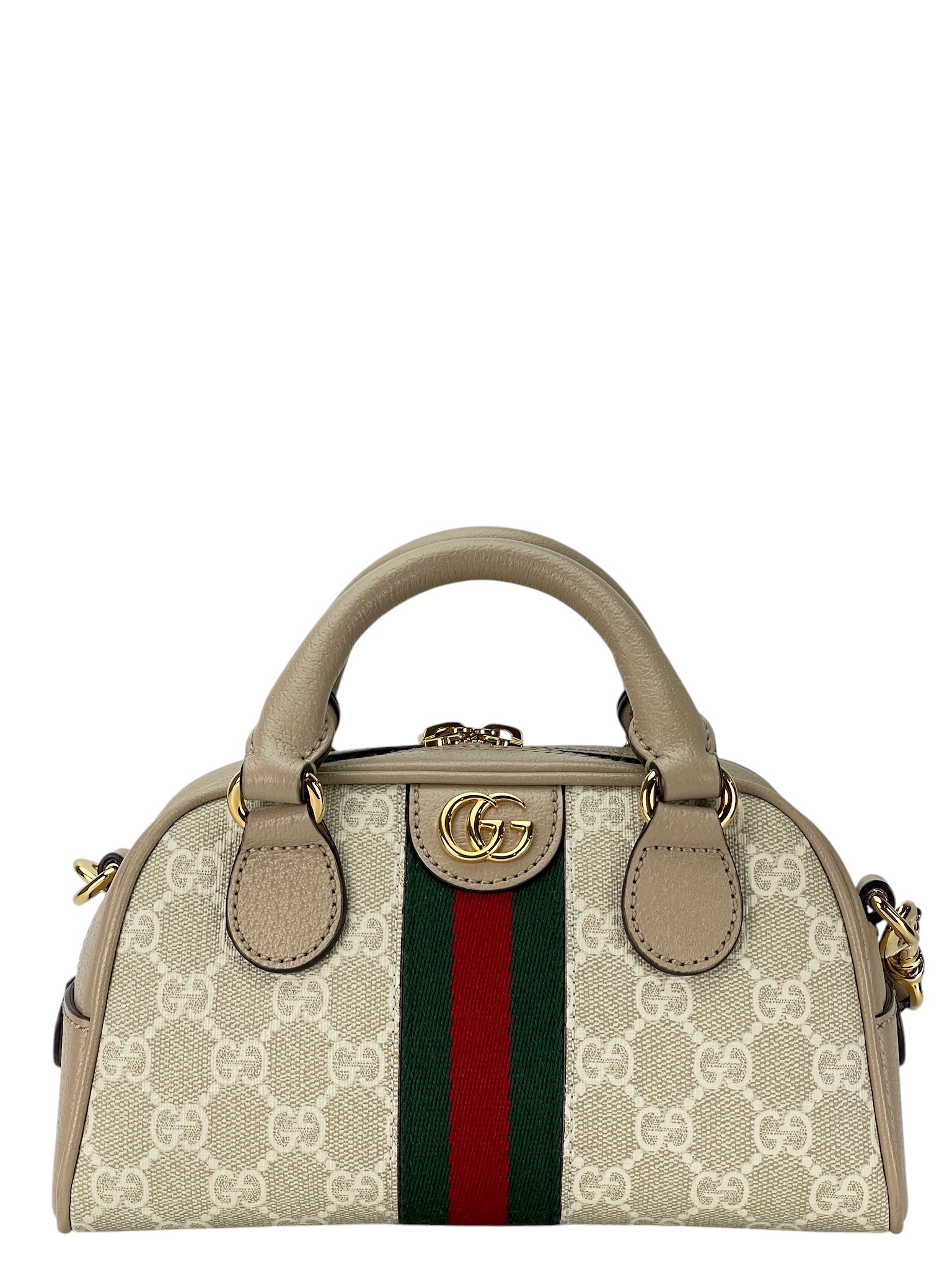 GUCCI - Beige Canvas Leather GG Supreme Ophidia Mini Boston Bag