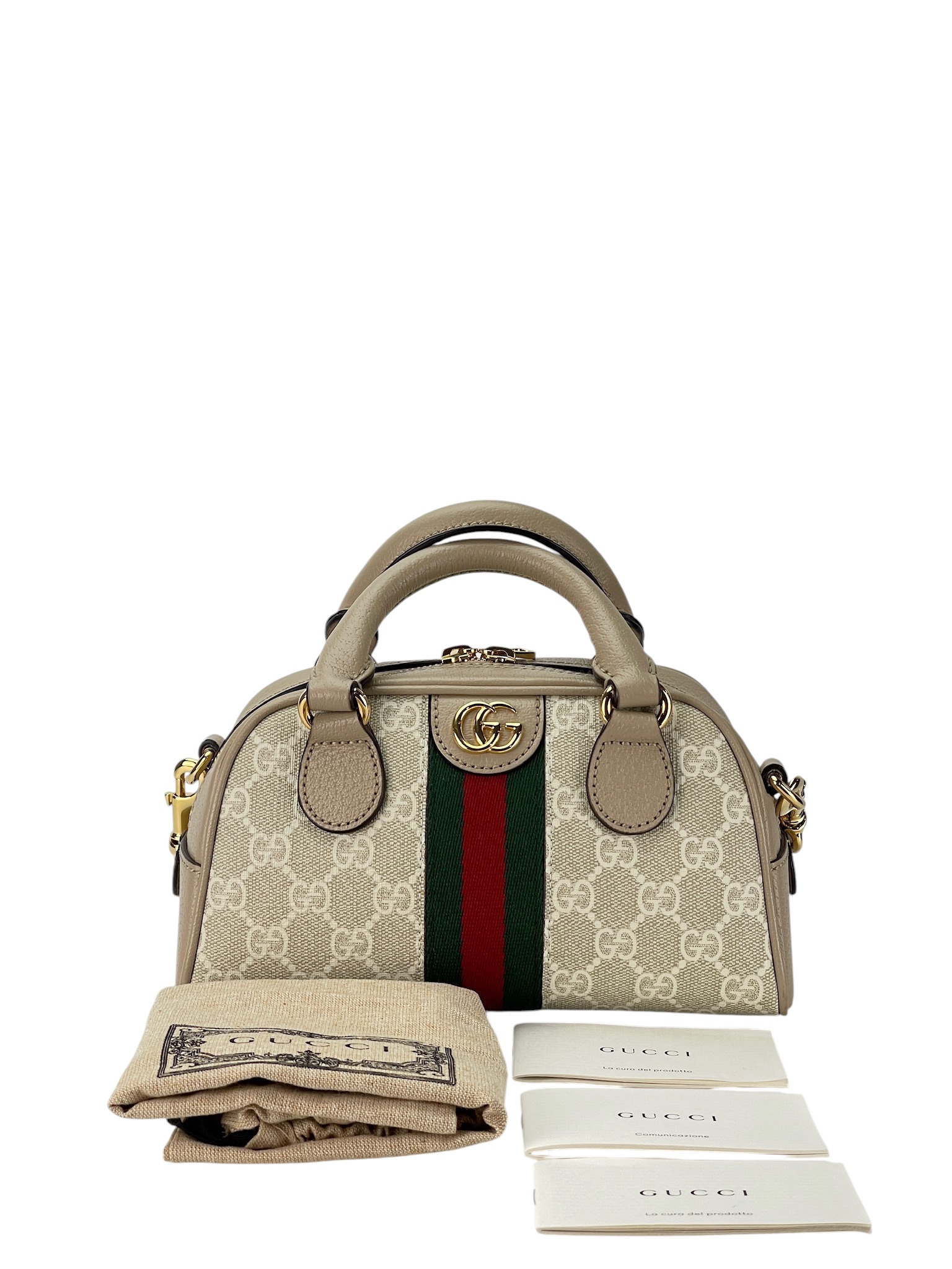 GUCCI - Beige Canvas Leather GG Supreme Ophidia Mini Boston Bag