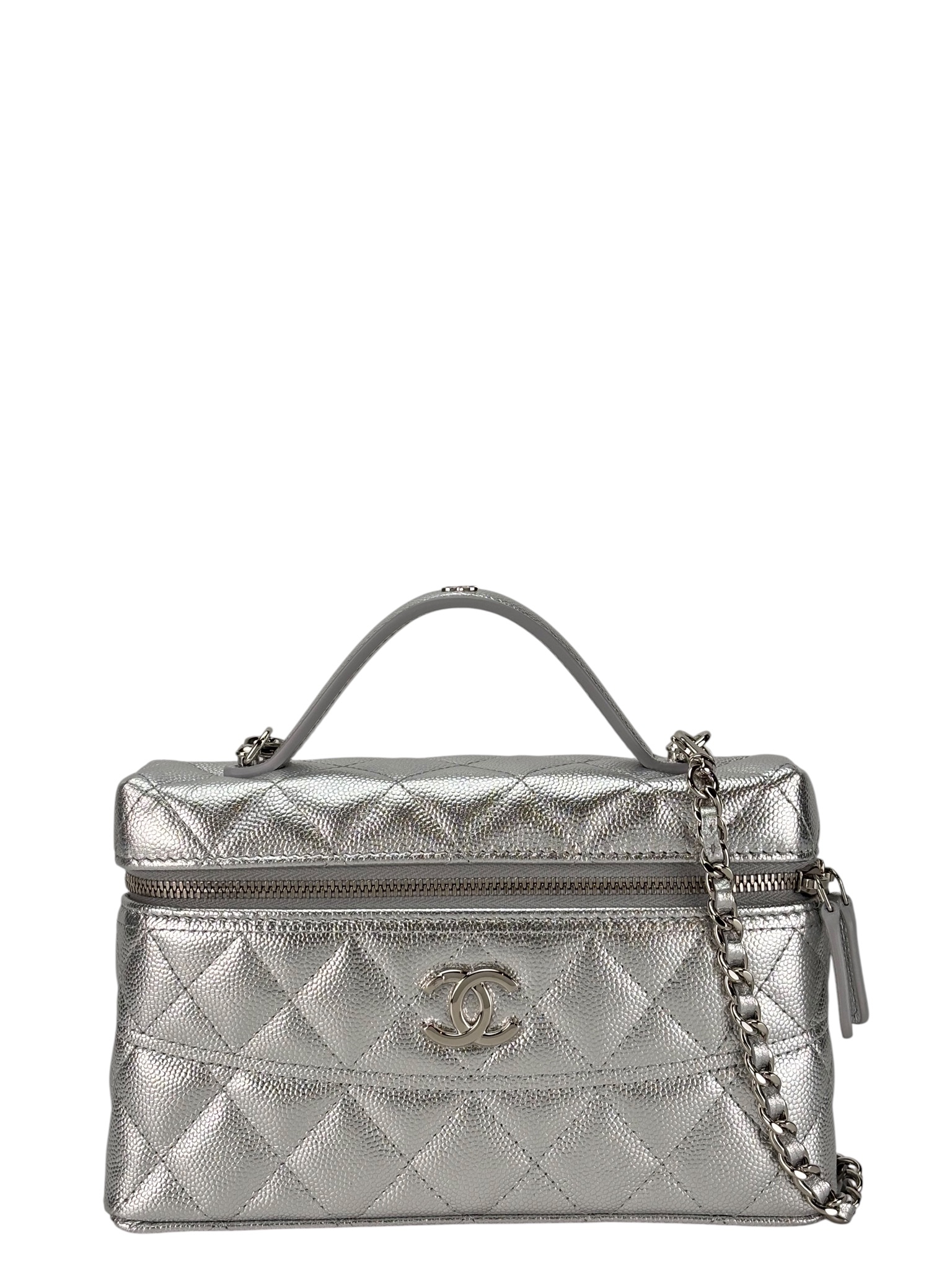 CHANEL - 26C Caviar Top Handle Long Vanity Case Sliver Hardware