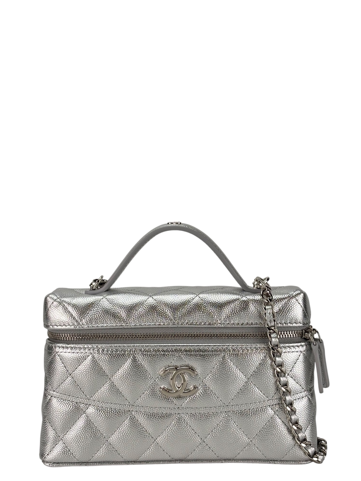 CHANEL - 26C Caviar Top Handle Long Vanity Case Sliver Hardware