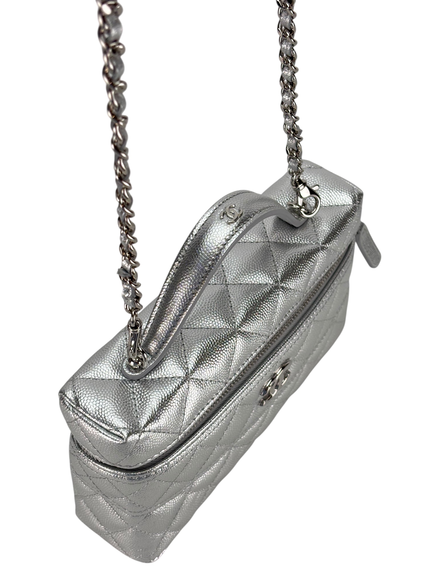 CHANEL - 26C Caviar Top Handle Long Vanity Case Sliver Hardware