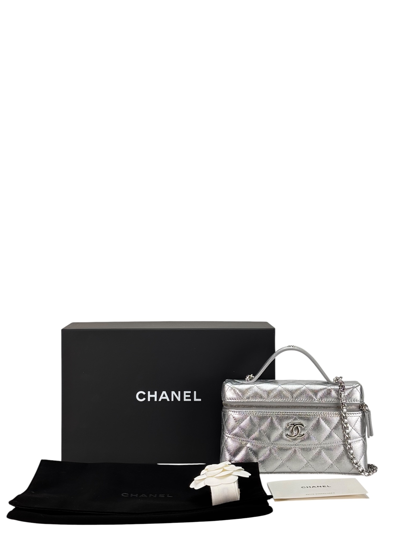 CHANEL - 26C Caviar Top Handle Long Vanity Case Sliver Hardware