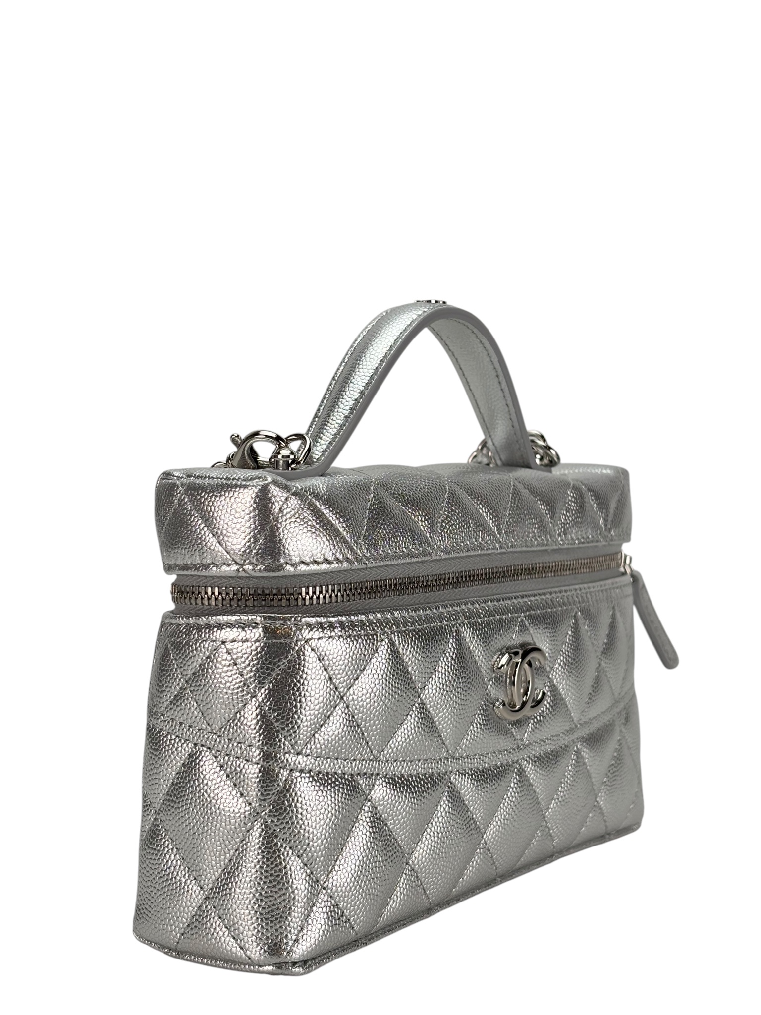 CHANEL - 26C Caviar Top Handle Long Vanity Case Sliver Hardware