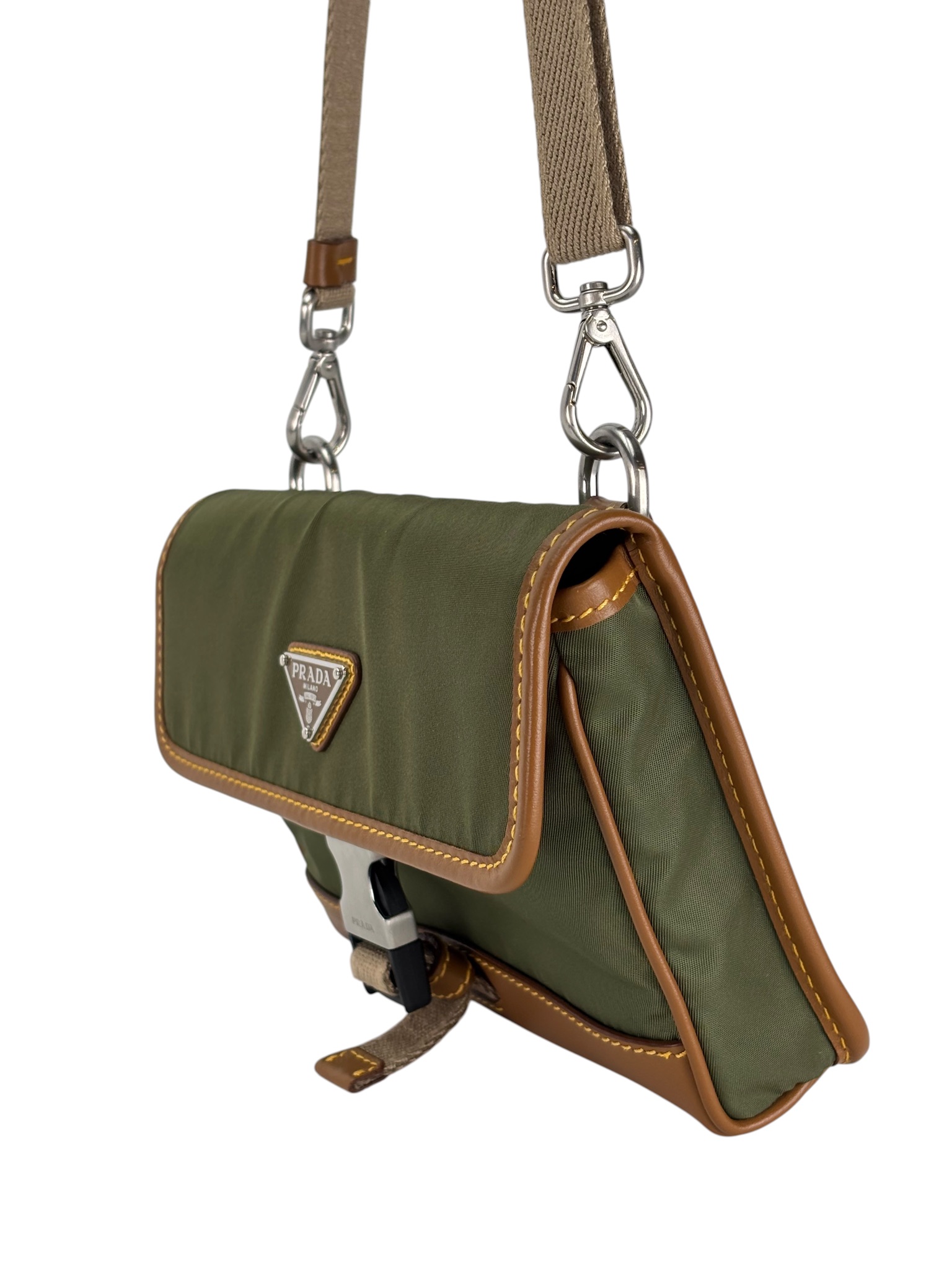 PRADA - Green Brown Re-Nylon Leather Smartphone Case Bag