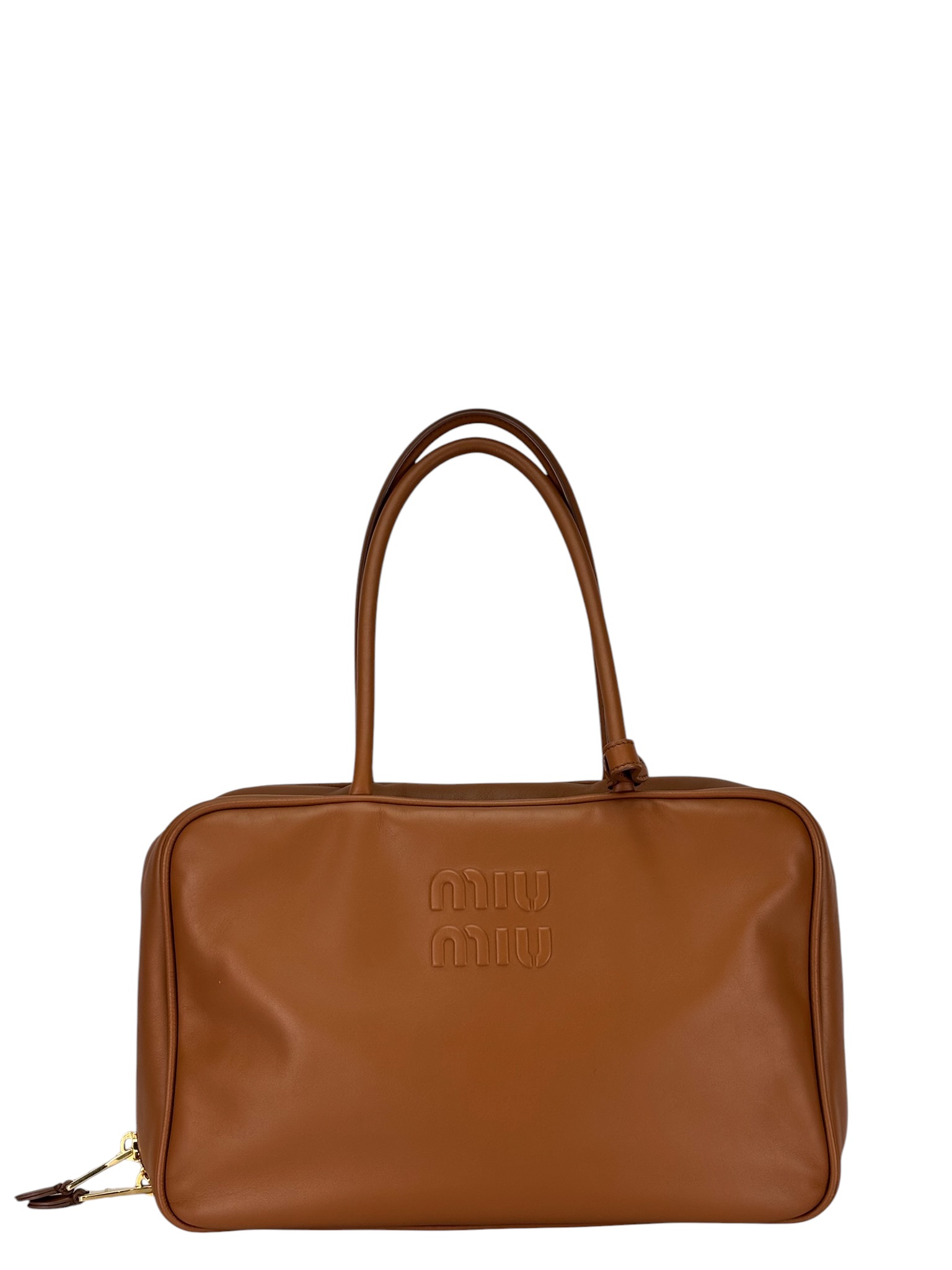 MIUMIU - Brown Cognac Leather Beau Large Top Handle Bag