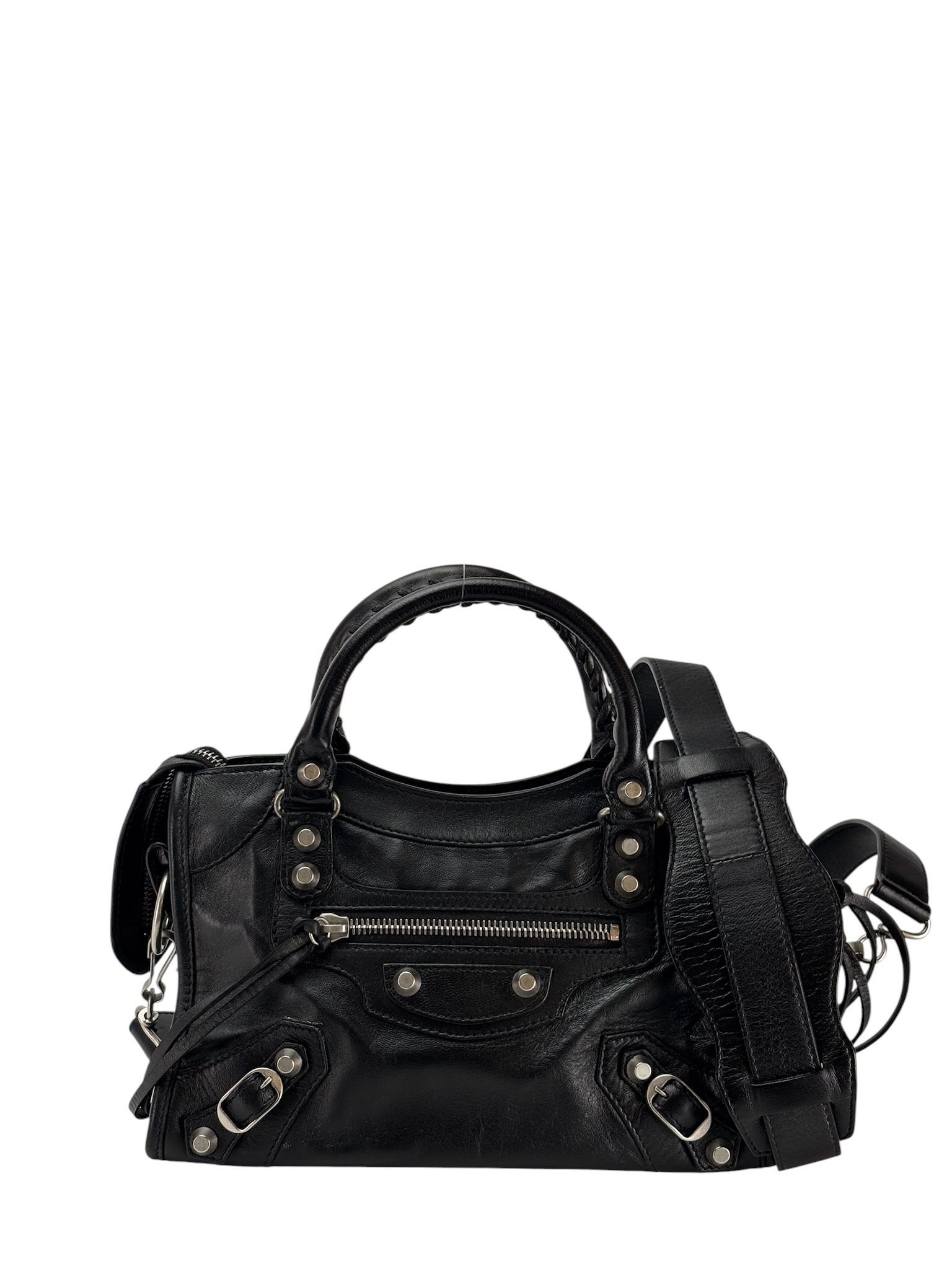 BALENCIAGA - Black Leather Classic City Mini 2way Bag Sliver