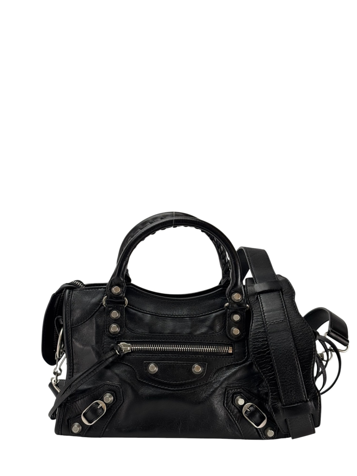 BALENCIAGA - Black Leather Classic City Mini 2way Bag Sliver