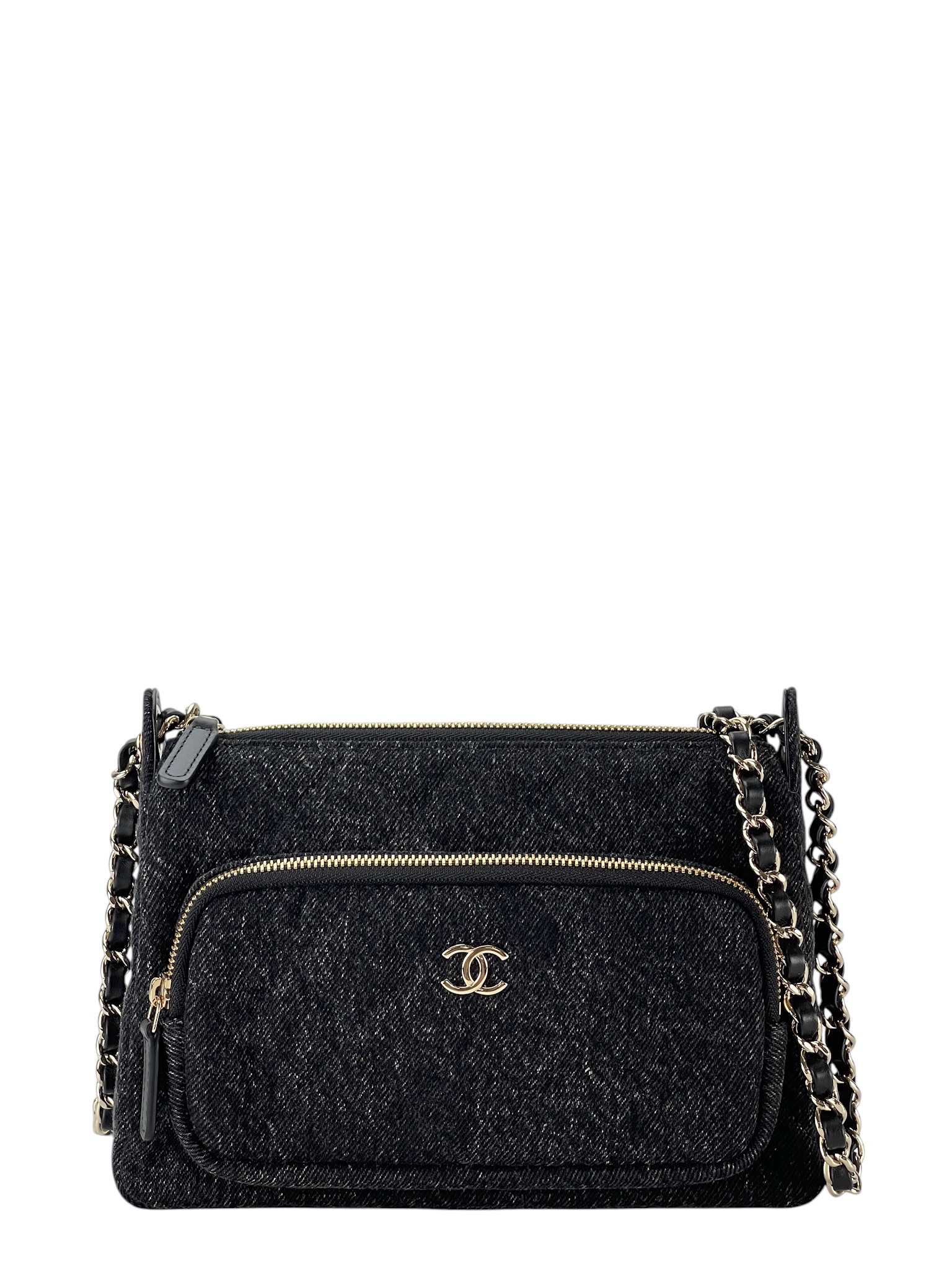 CHANEL - Black Denim Clutch Chain Shoulder Bag Gold Hardware