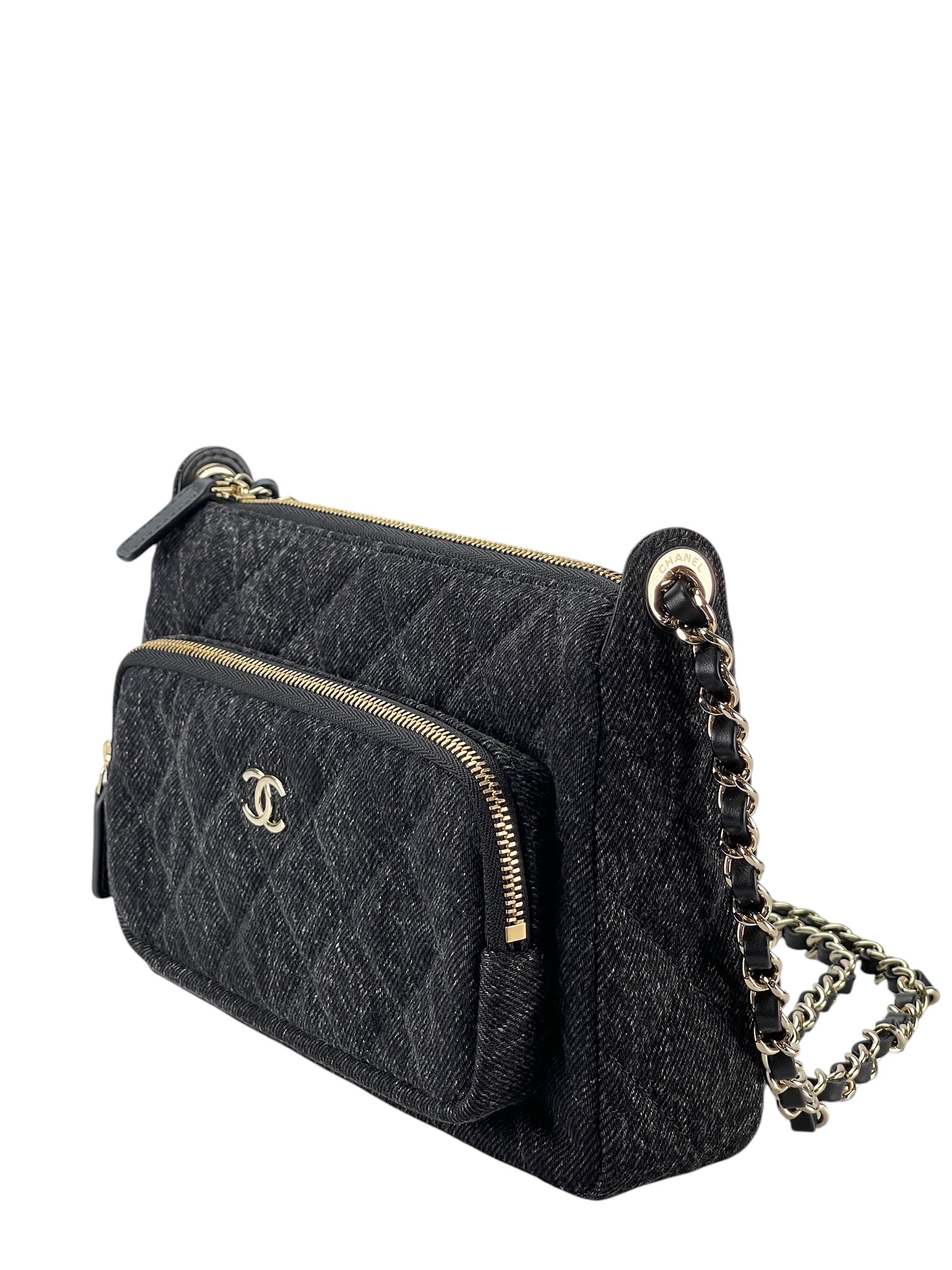 CHANEL - Black Denim Clutch Chain Shoulder Bag Gold Hardware