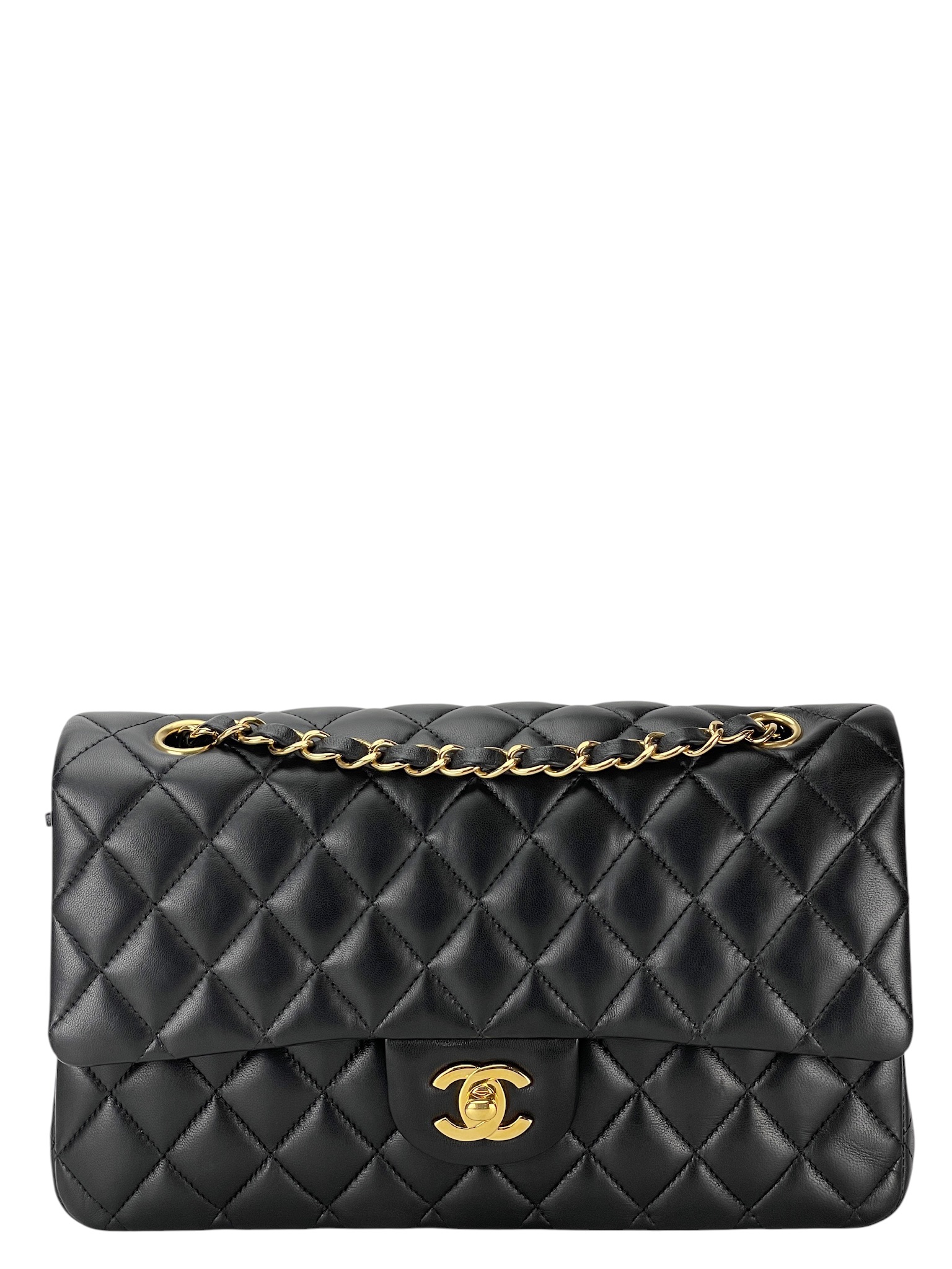 CHANEL - Medium Classic Double Flap Bag Black Lambskin Gold Hardware (CF25)