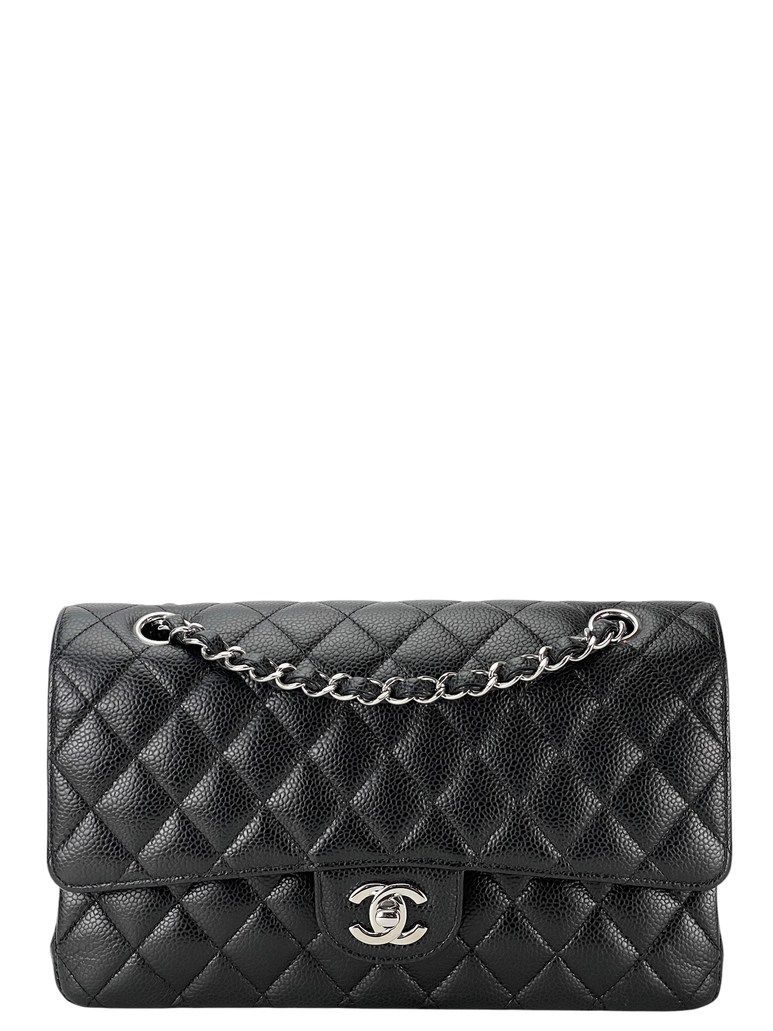 CHANEL - Medium Classic Double Flap Bag Black Caviar Sliver Hardware (CF25)