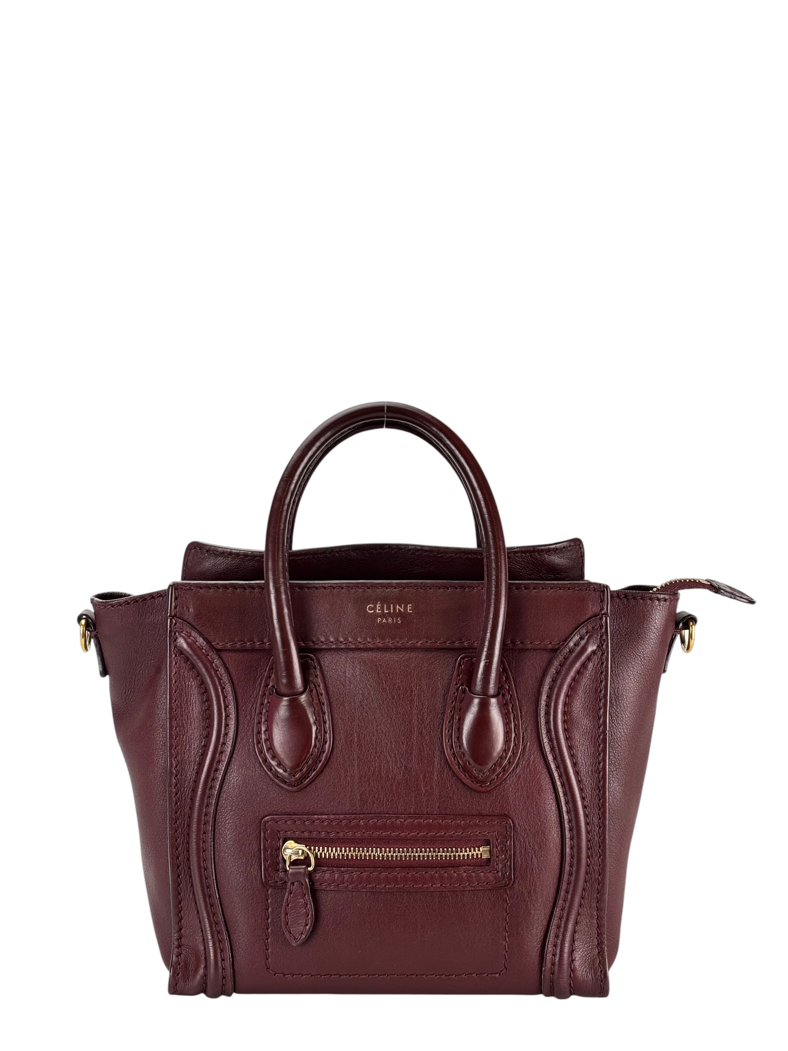 CELINE - Micro Luggage Handbag in Drummed Calfskin Dark Red 