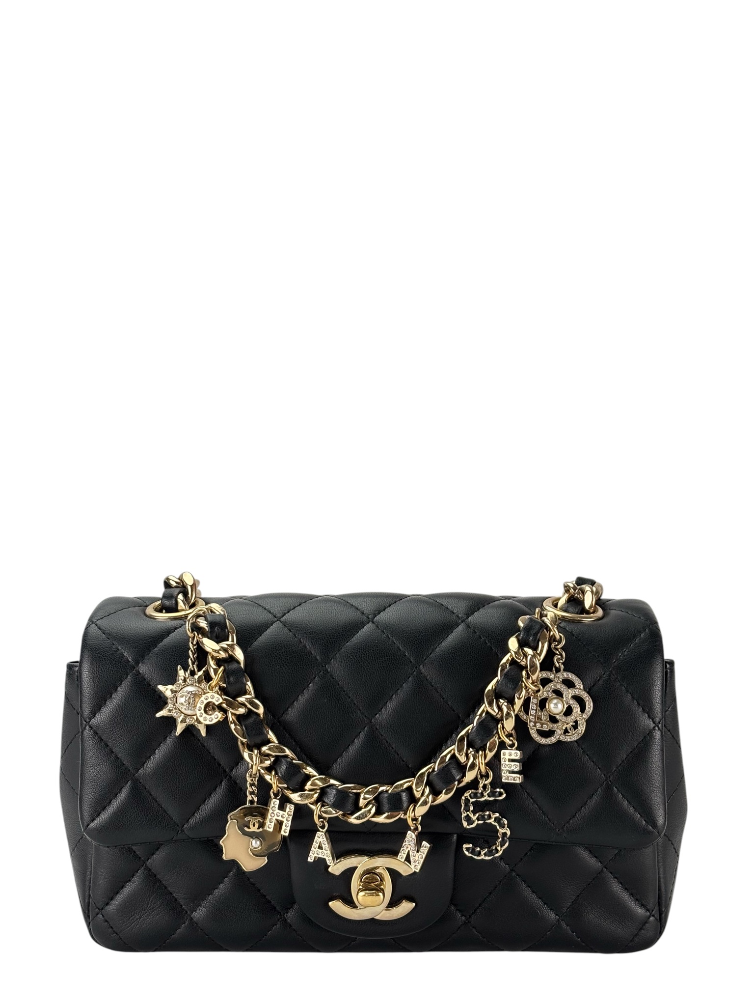 CHANEL - Black Lambskin Coco Charms Mini Flap Bag