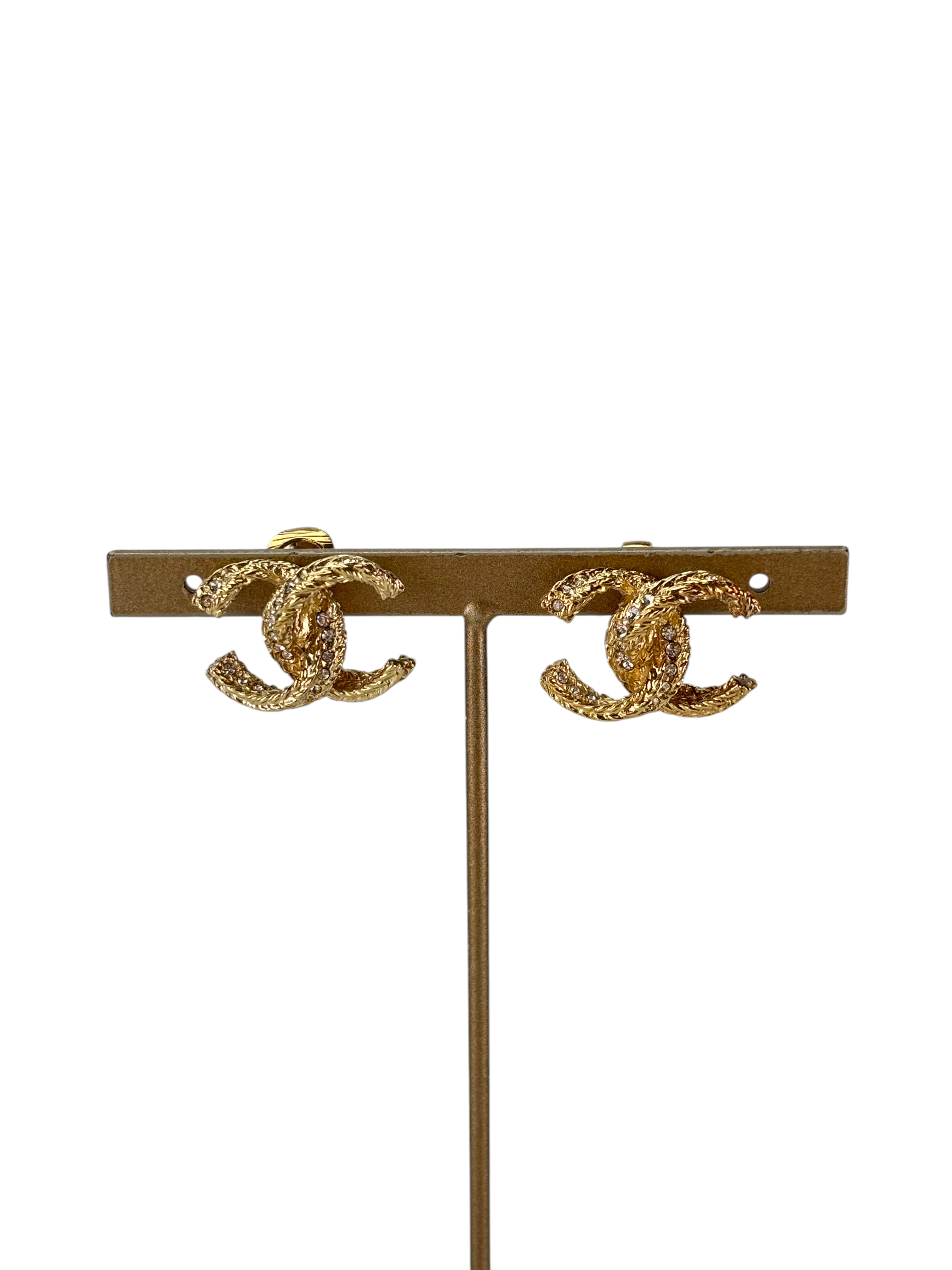 CHANEL - 17A Gold CC Logo Rhinestone Earrings