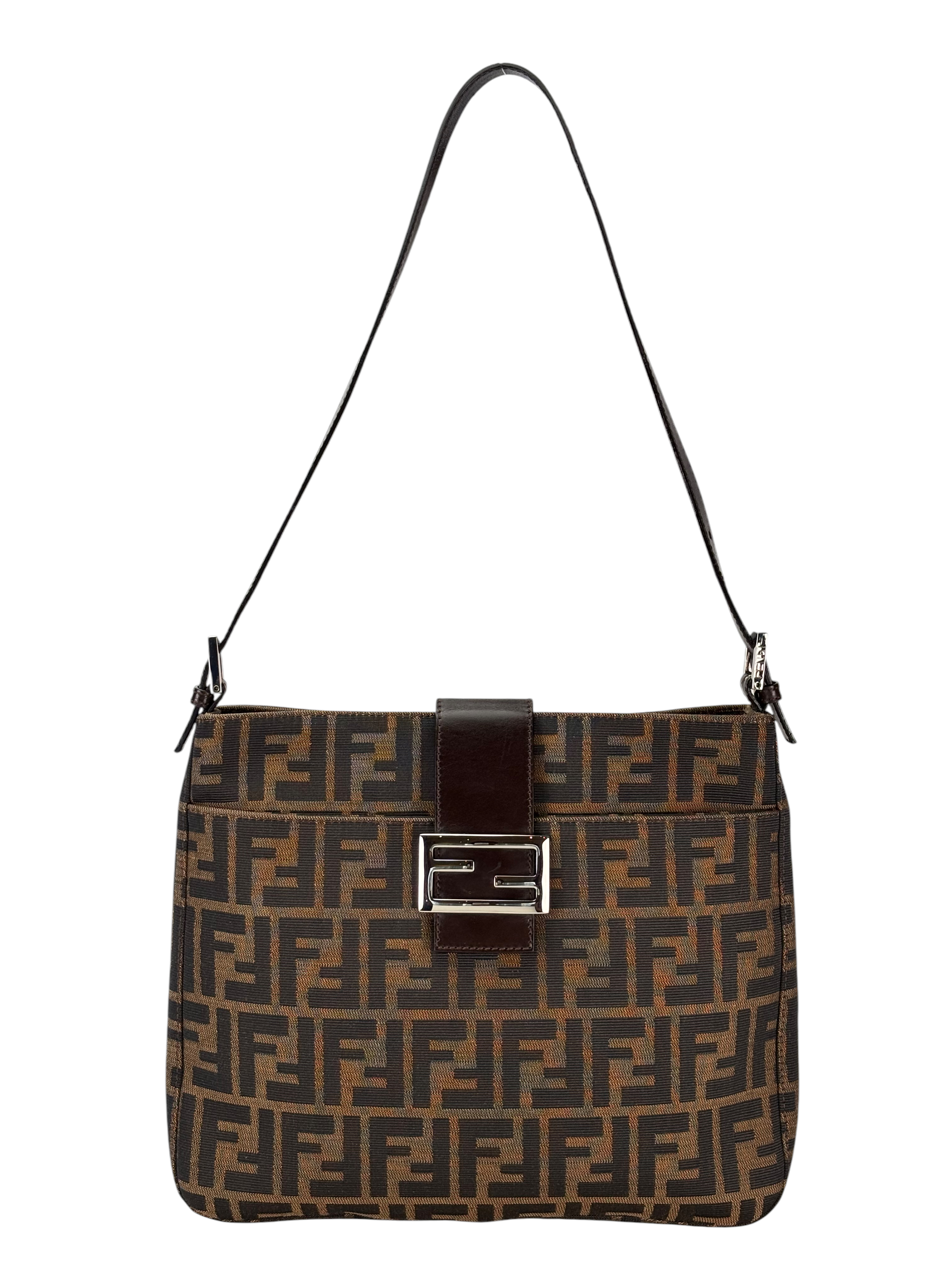FENDI - Brown Zucca Vertical Shoulder Bag Sliver Hardware