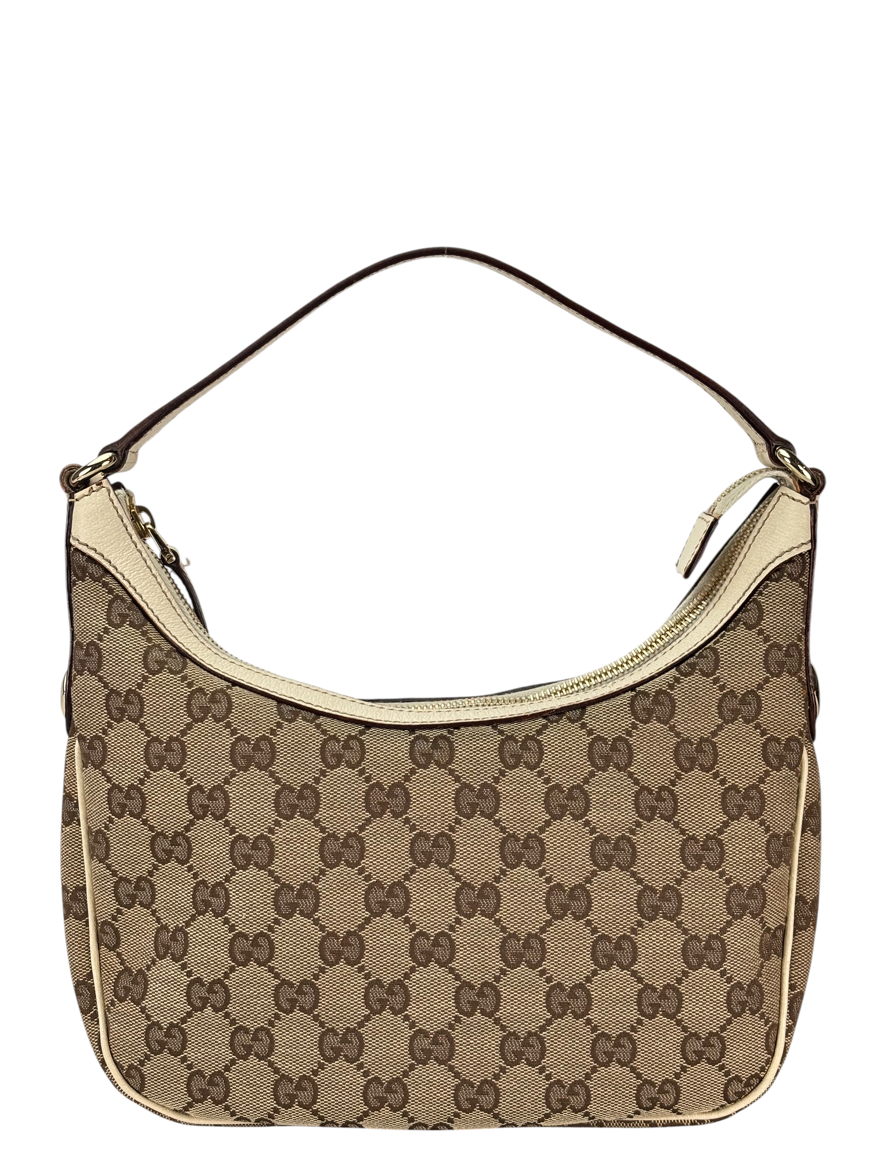 GUCCI - Beige Canvas White Leather Shoulder Bag