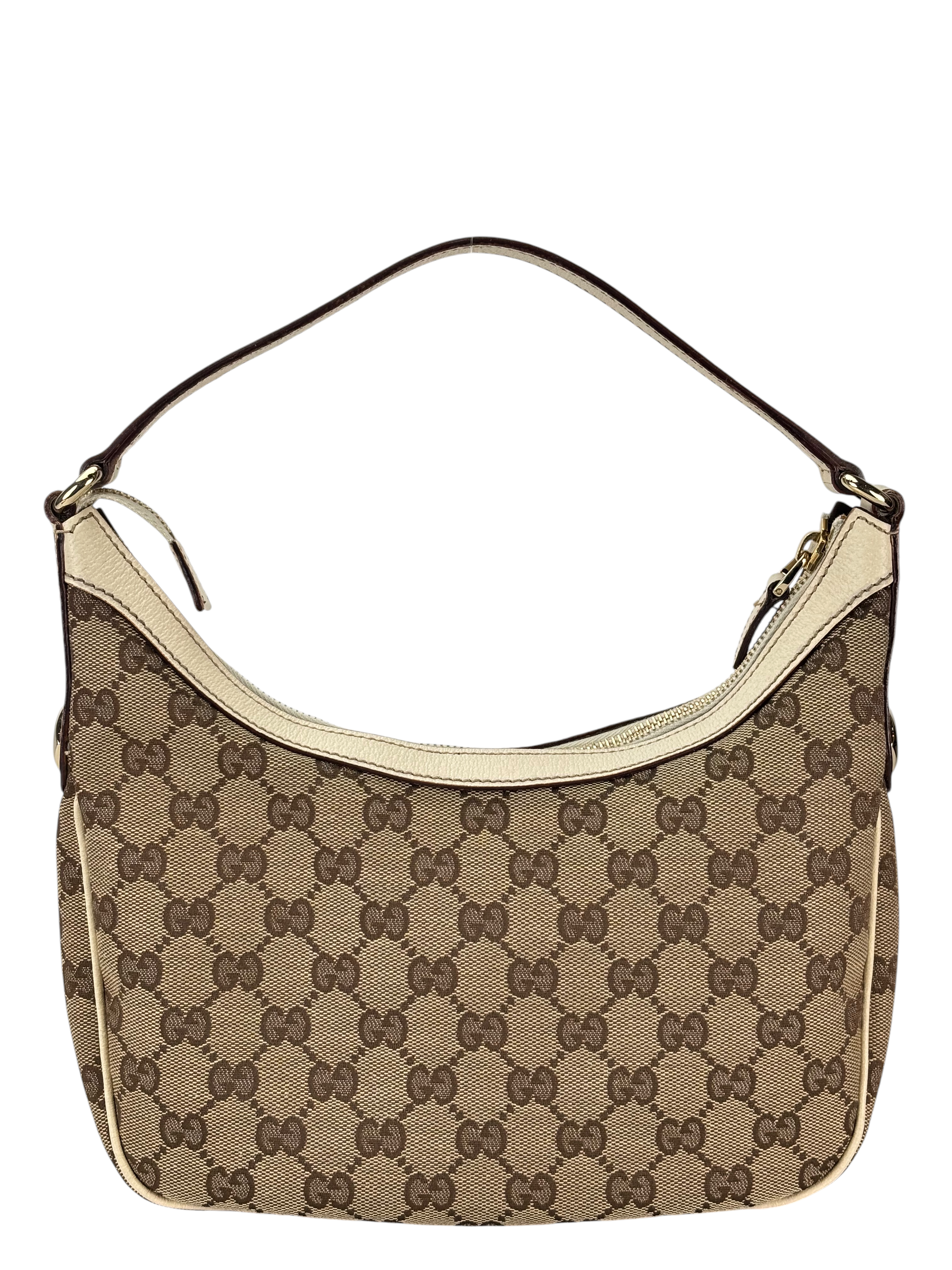 GUCCI - Beige Canvas White Leather Shoulder Bag