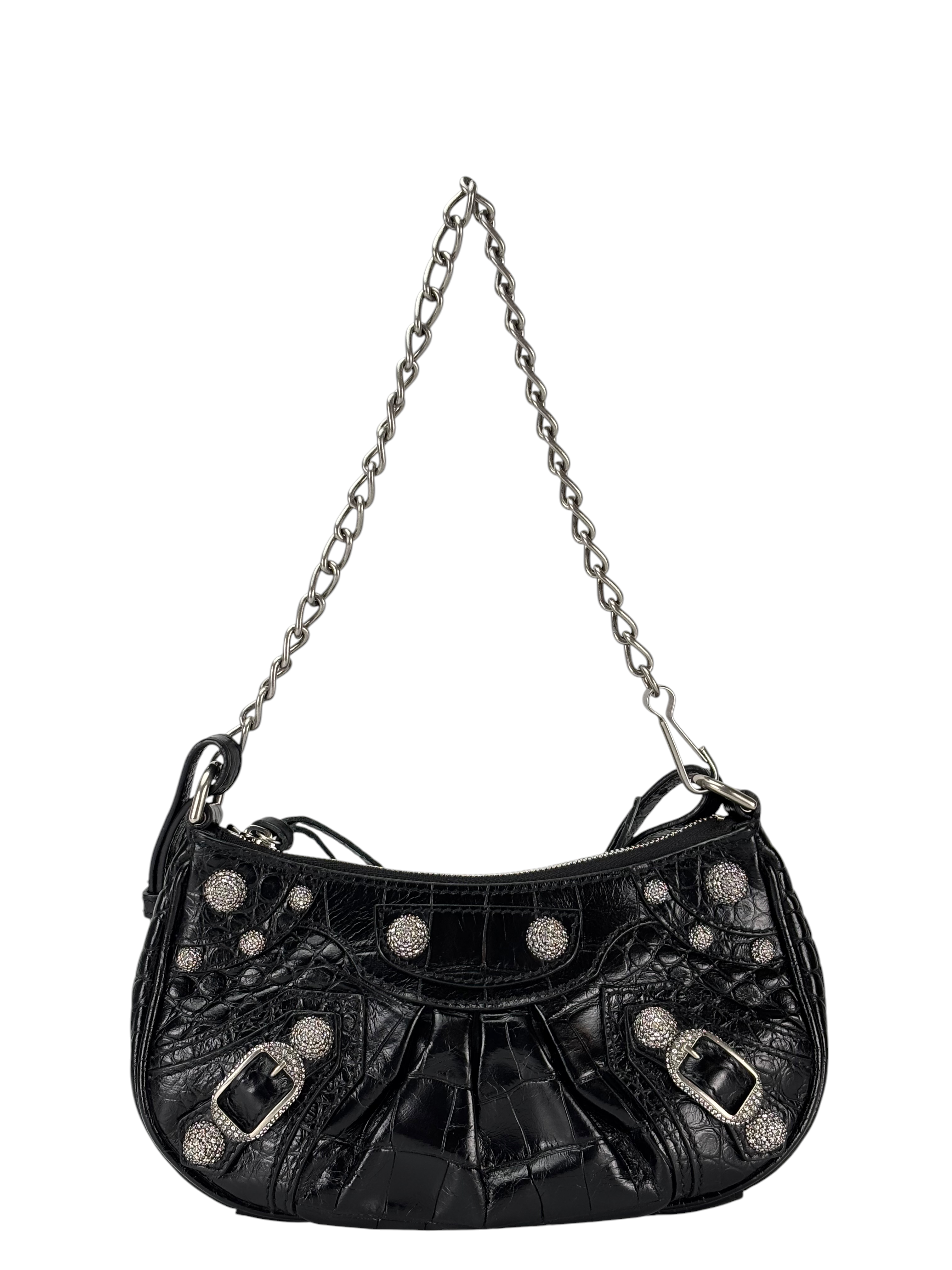 BALENCIAGA - Black Le Cagole Rhinestone Leather Shoulder Bag