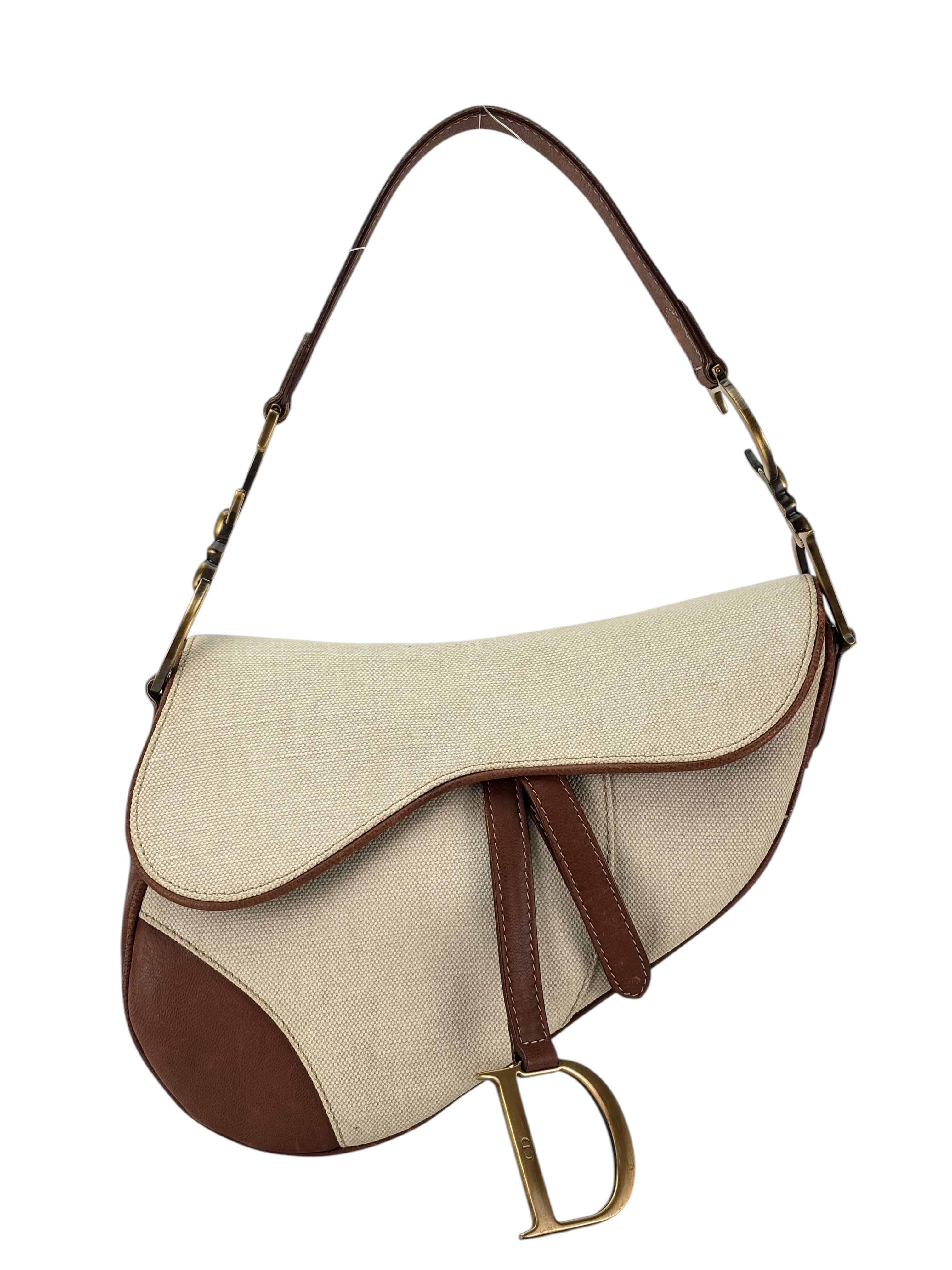 CHRISTIAN DIOR - White Canvas Brown Leather Saddle Bag 