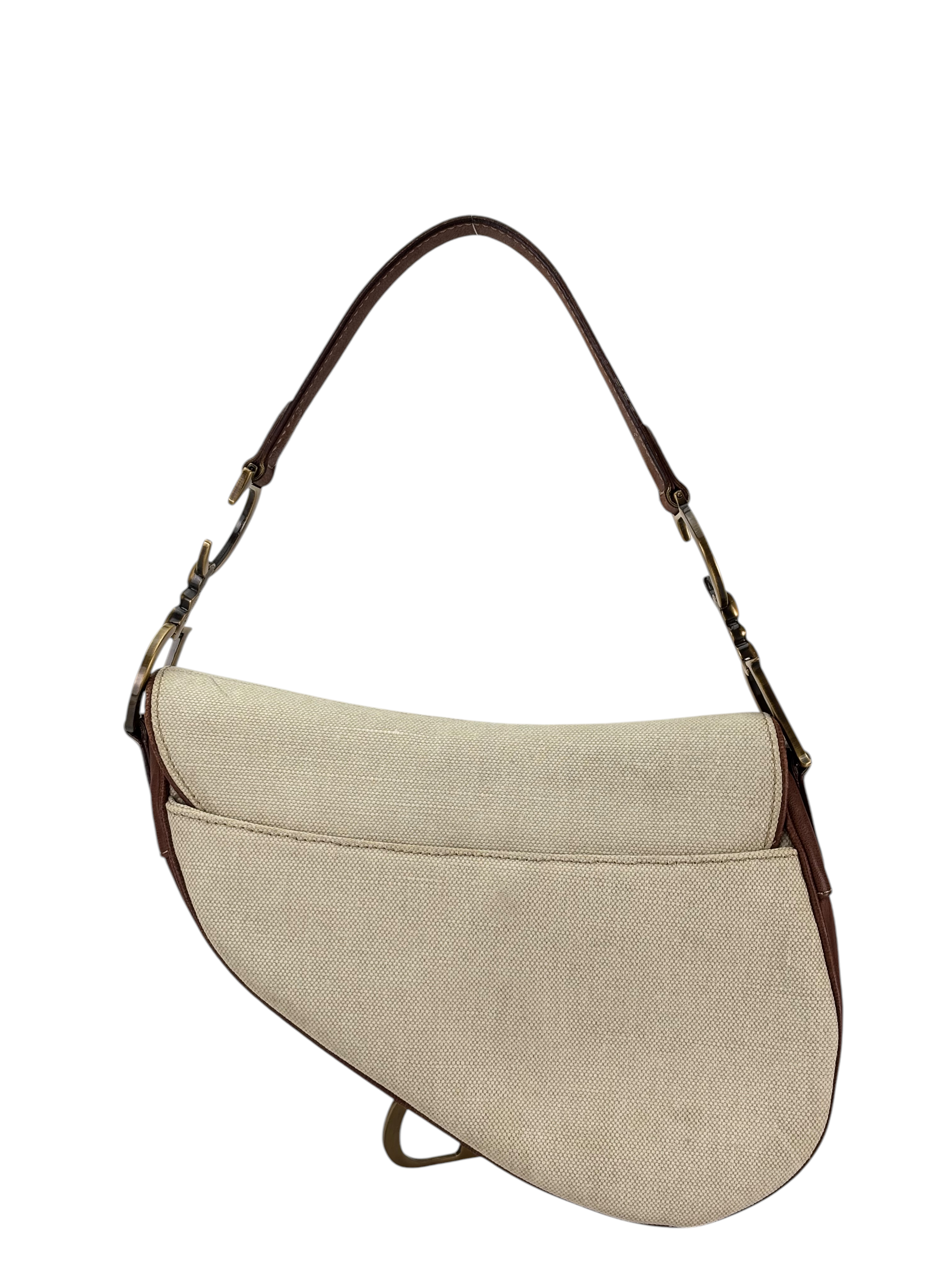 CHRISTIAN DIOR - White Canvas Brown Leather Saddle Bag 