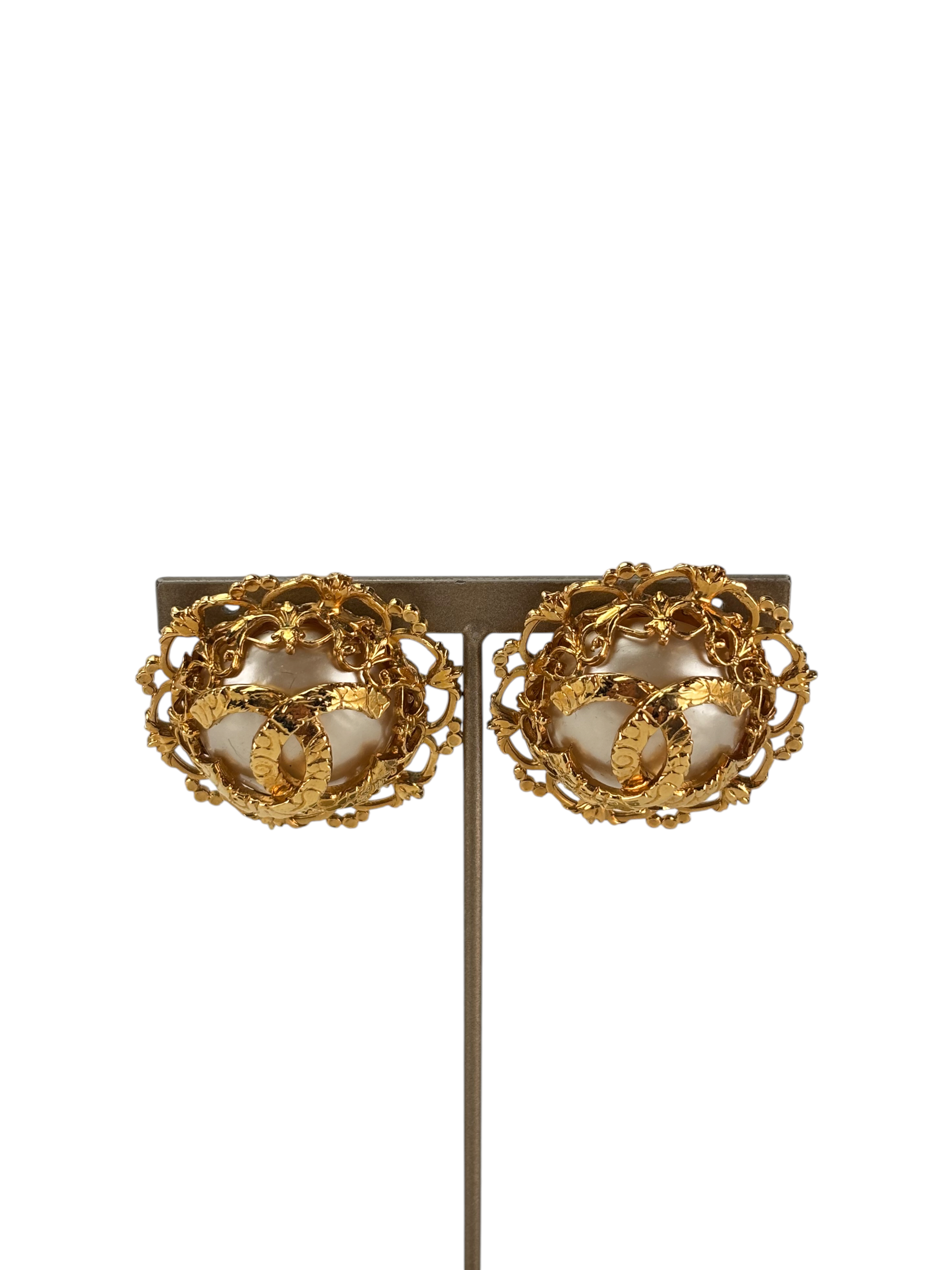CHANEL - Gold Lace Pearl CC Earclips