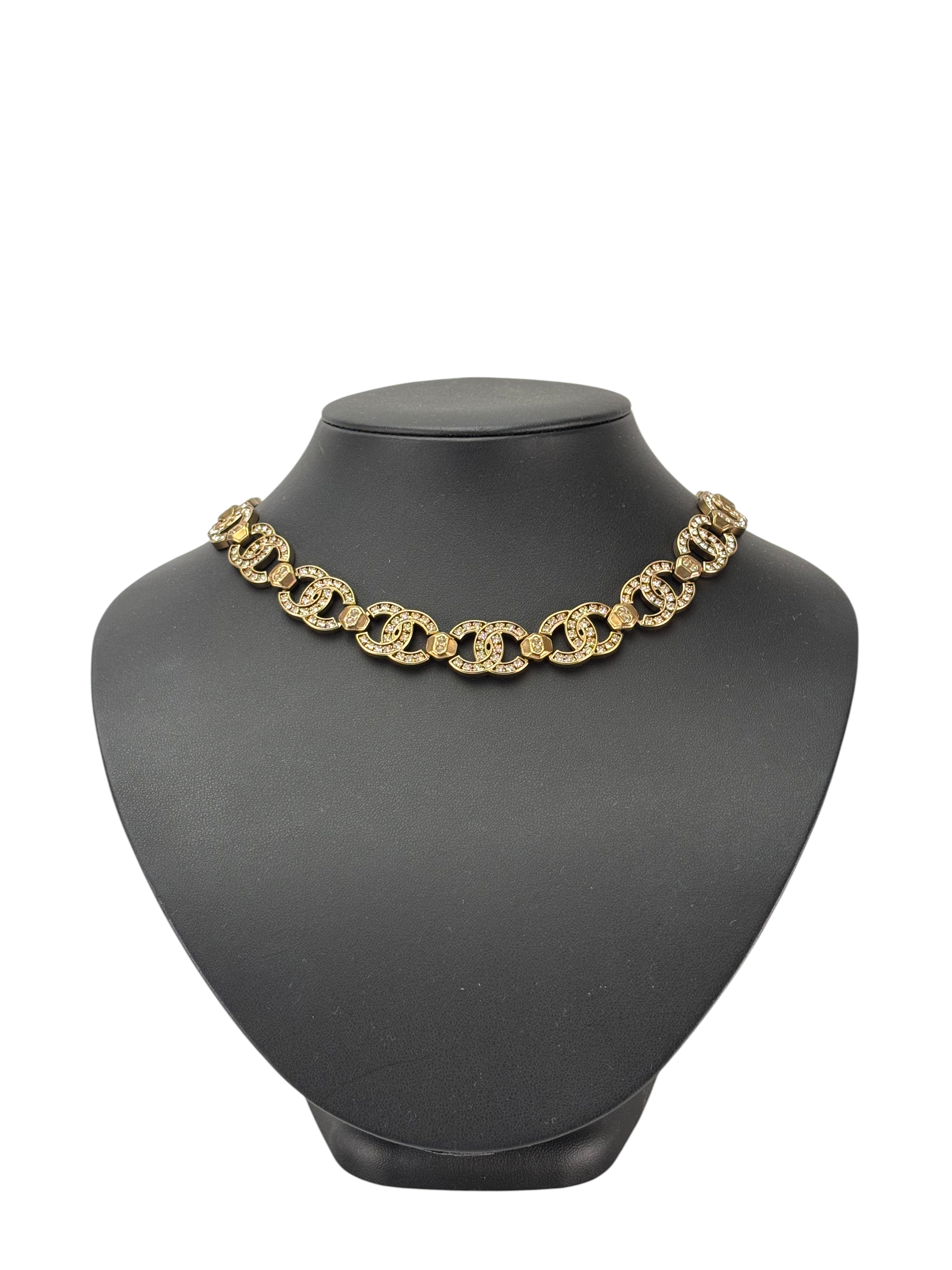 CHANEL - A21V Gold Full Crystal CC Choker Necklace