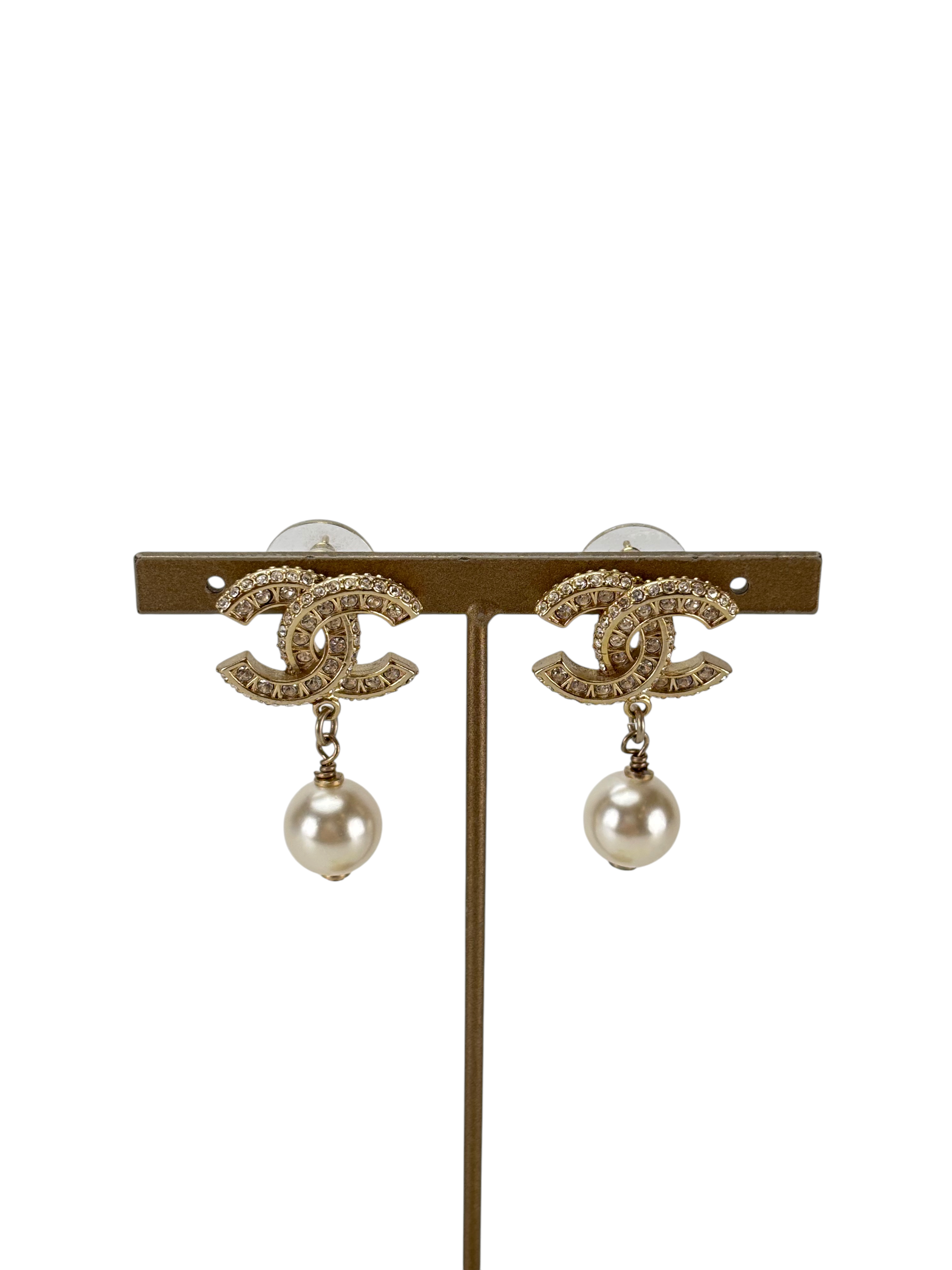 CHANEL - Gold Rhinestones Earrings Tone Pearls