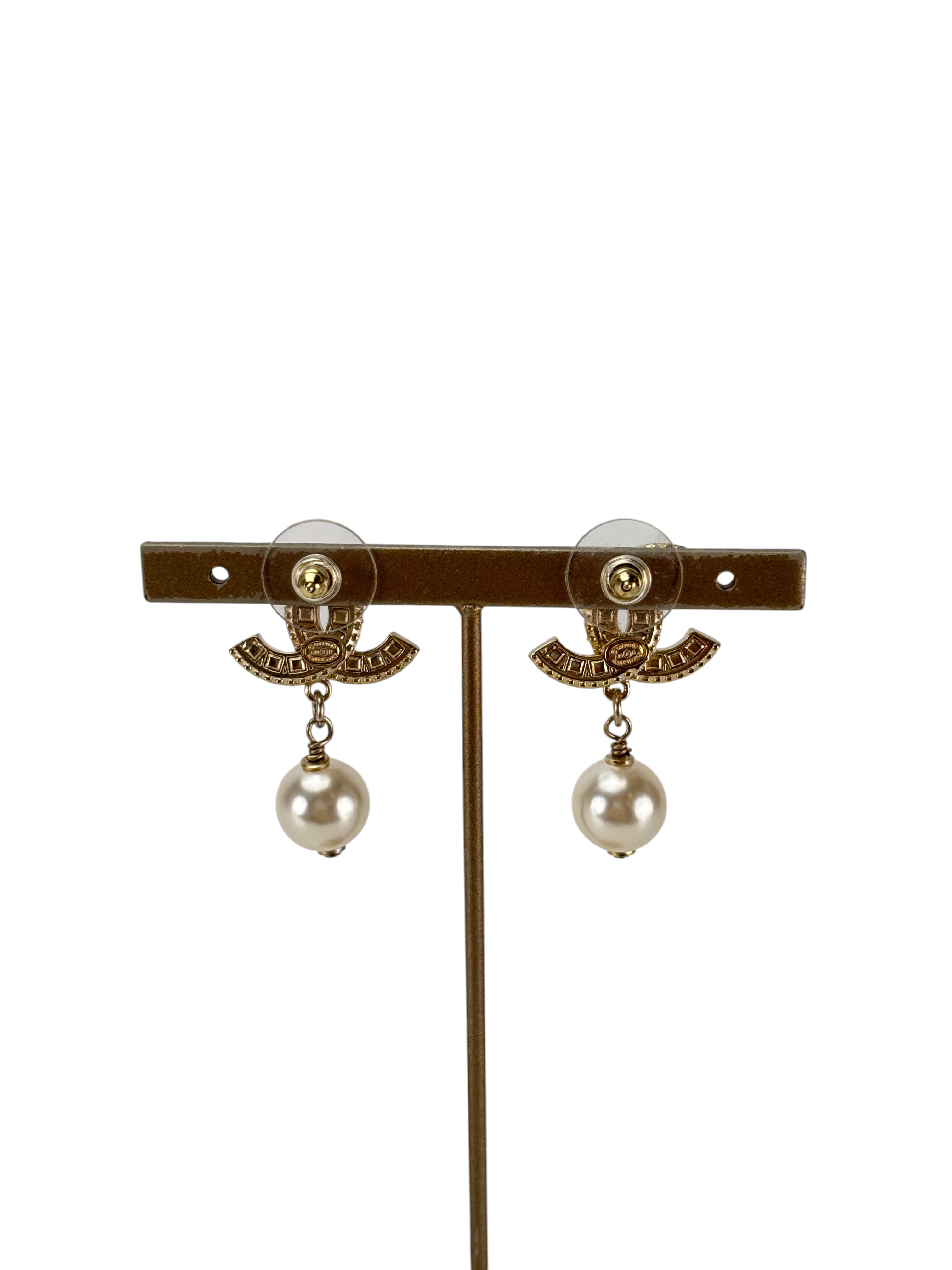 CHANEL - Gold Rhinestones Earrings Tone Pearls
