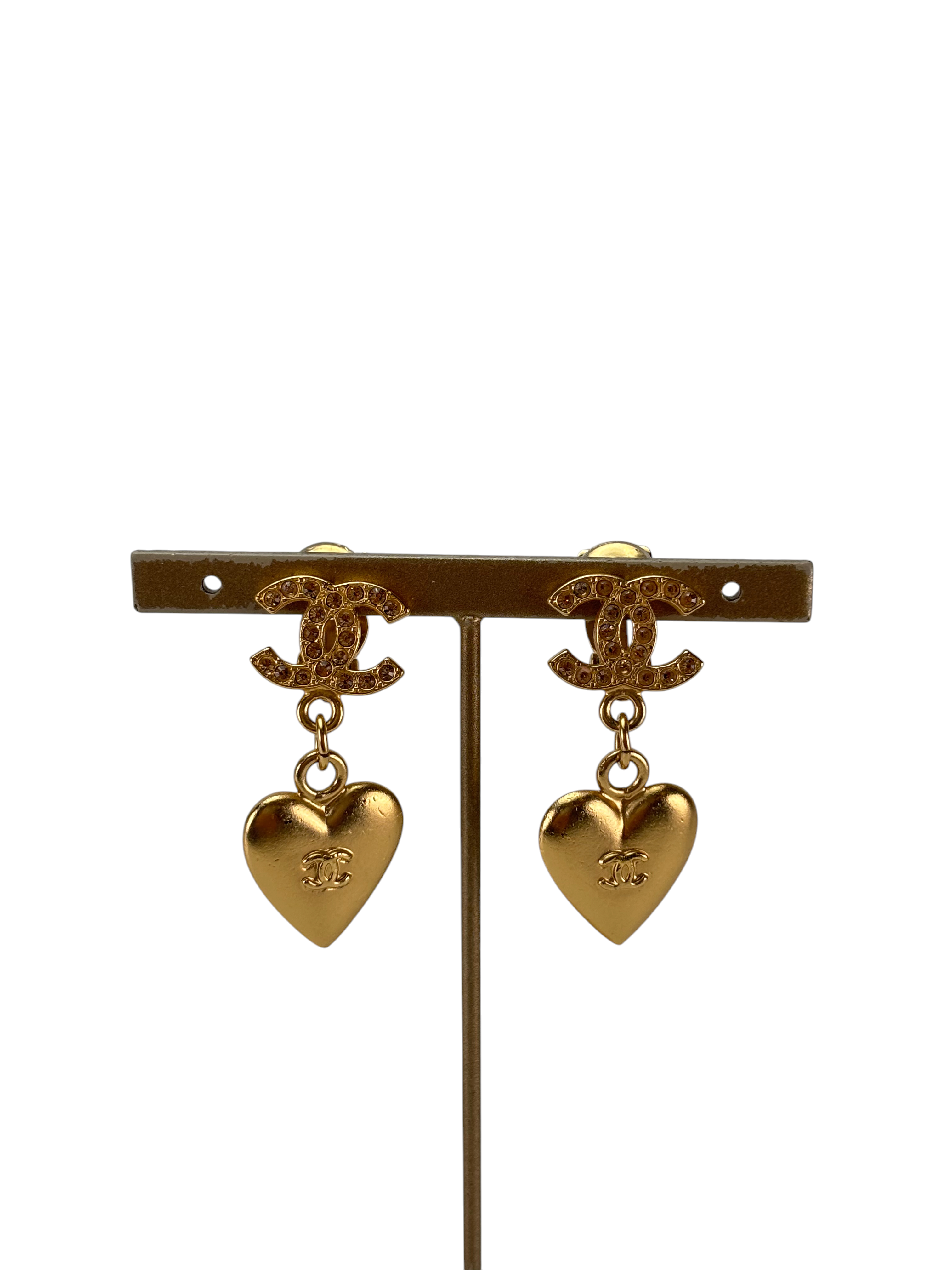 CHANEL - Gold CC Heart Tone Dangle Earrings