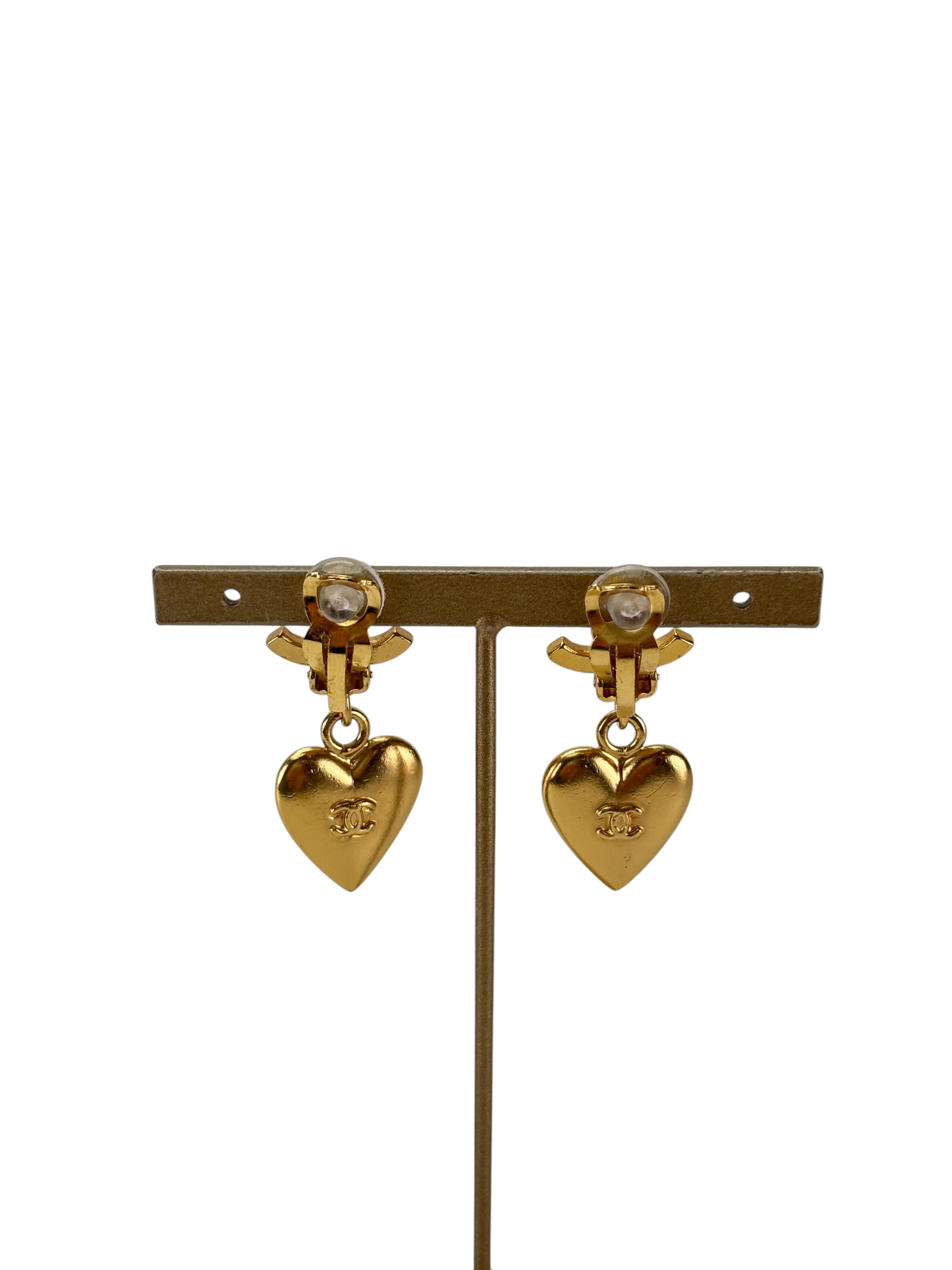 CHANEL - Gold CC Heart Tone Dangle Earrings