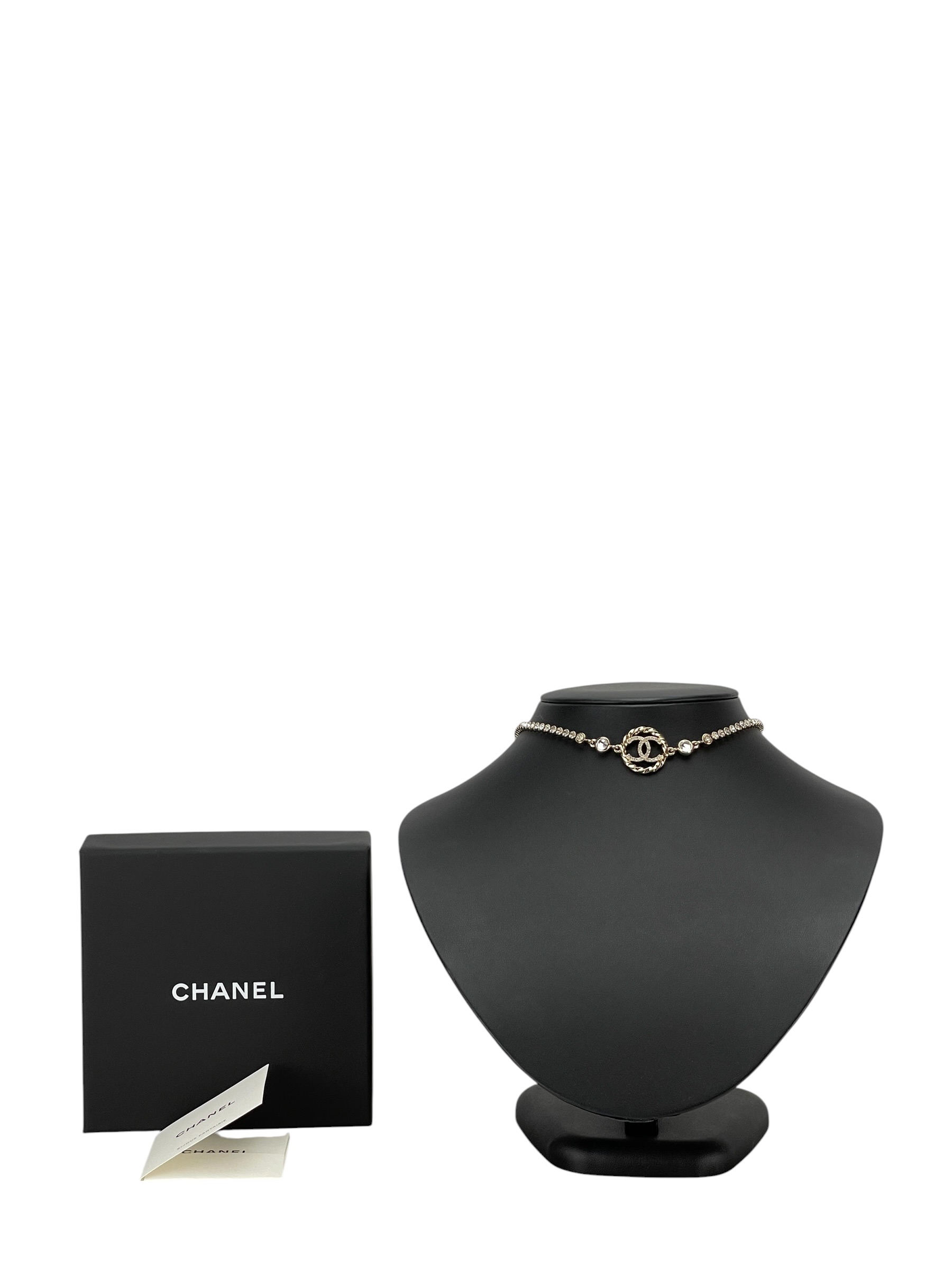 CHANEL - 23B Gold Crystal CC Logo Necklace
