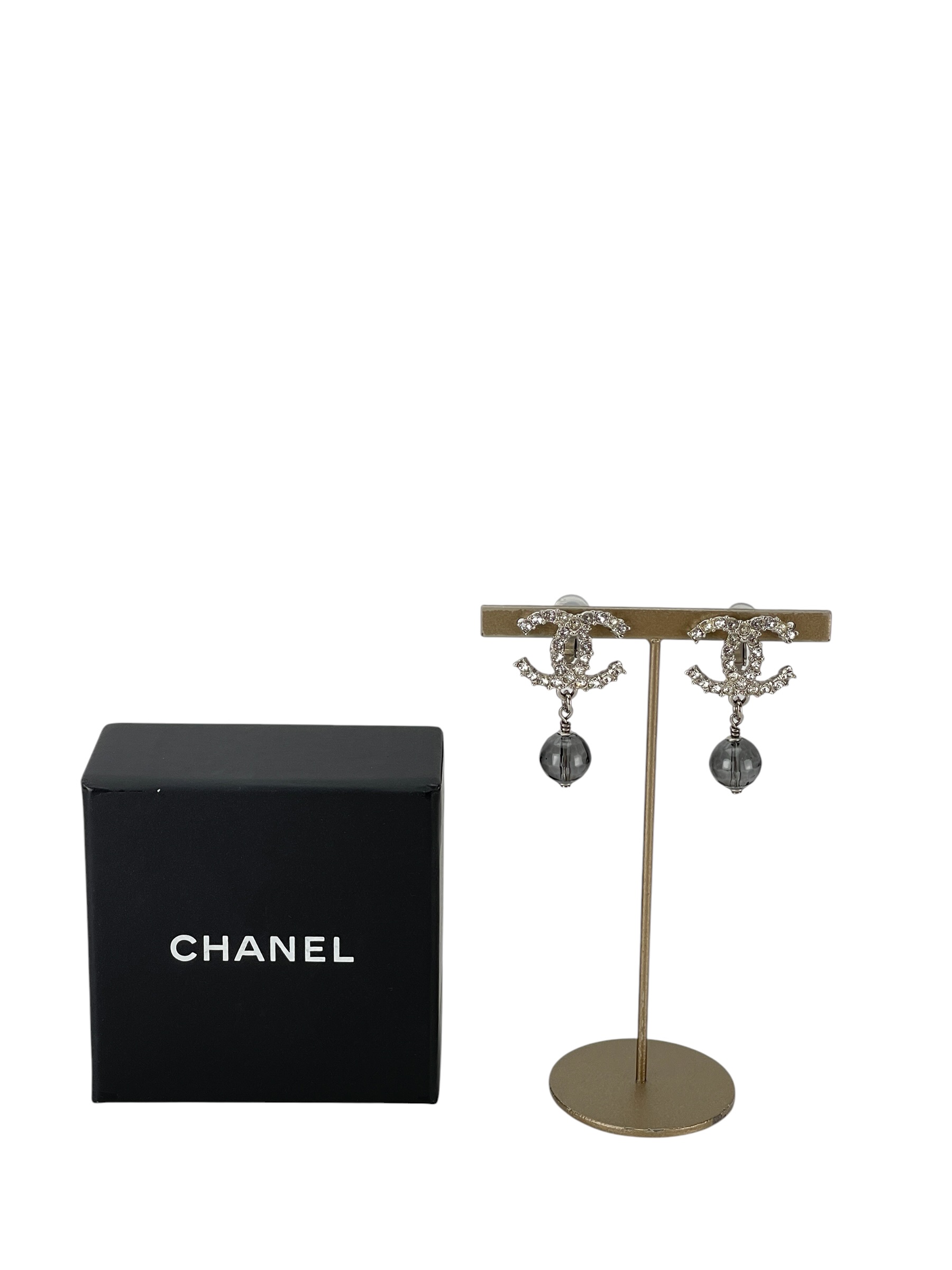 CHANEL - Silver CC Gray Bead Drop Earrings