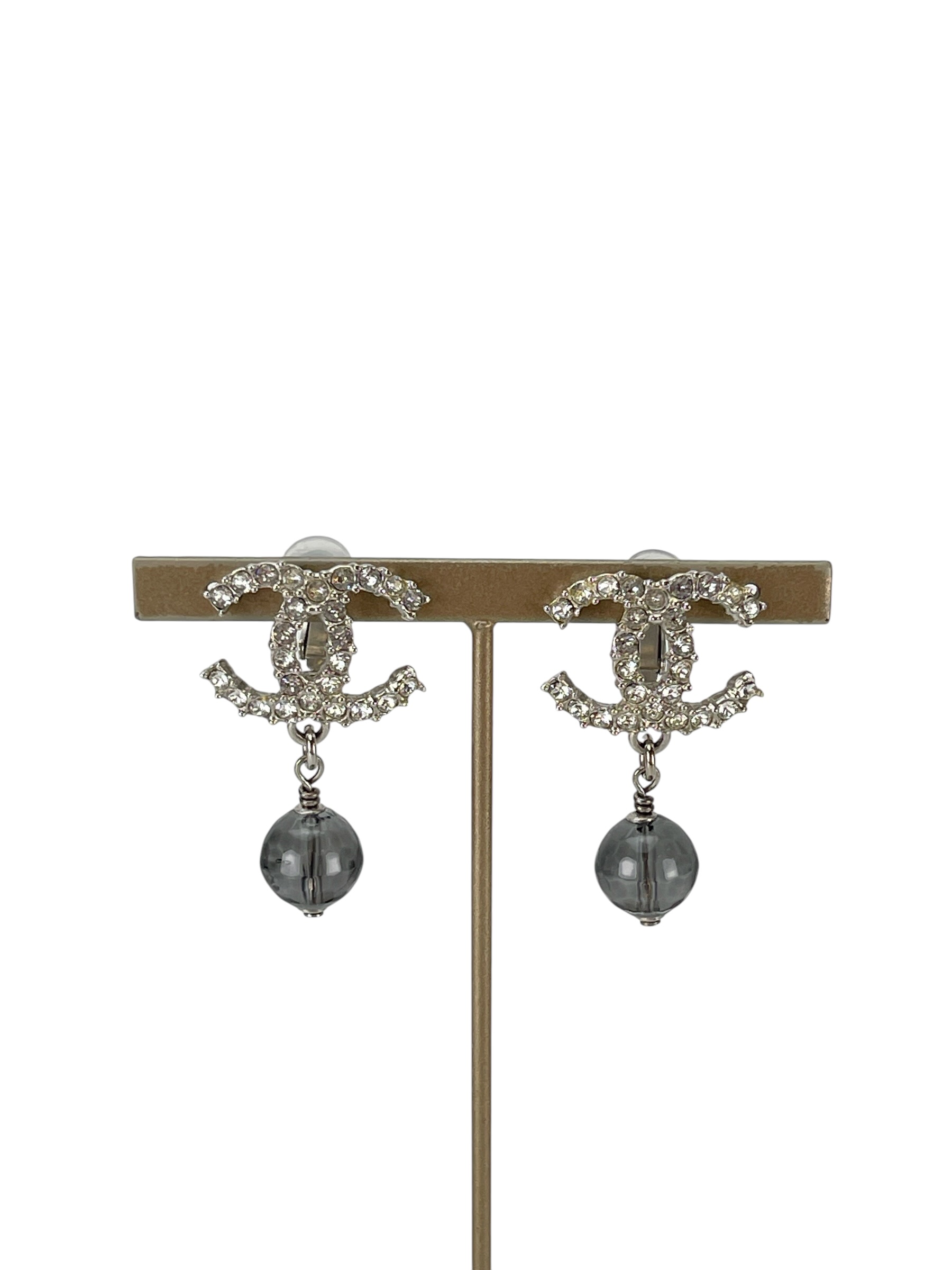 CHANEL - Silver CC Gray Bead Drop Earrings