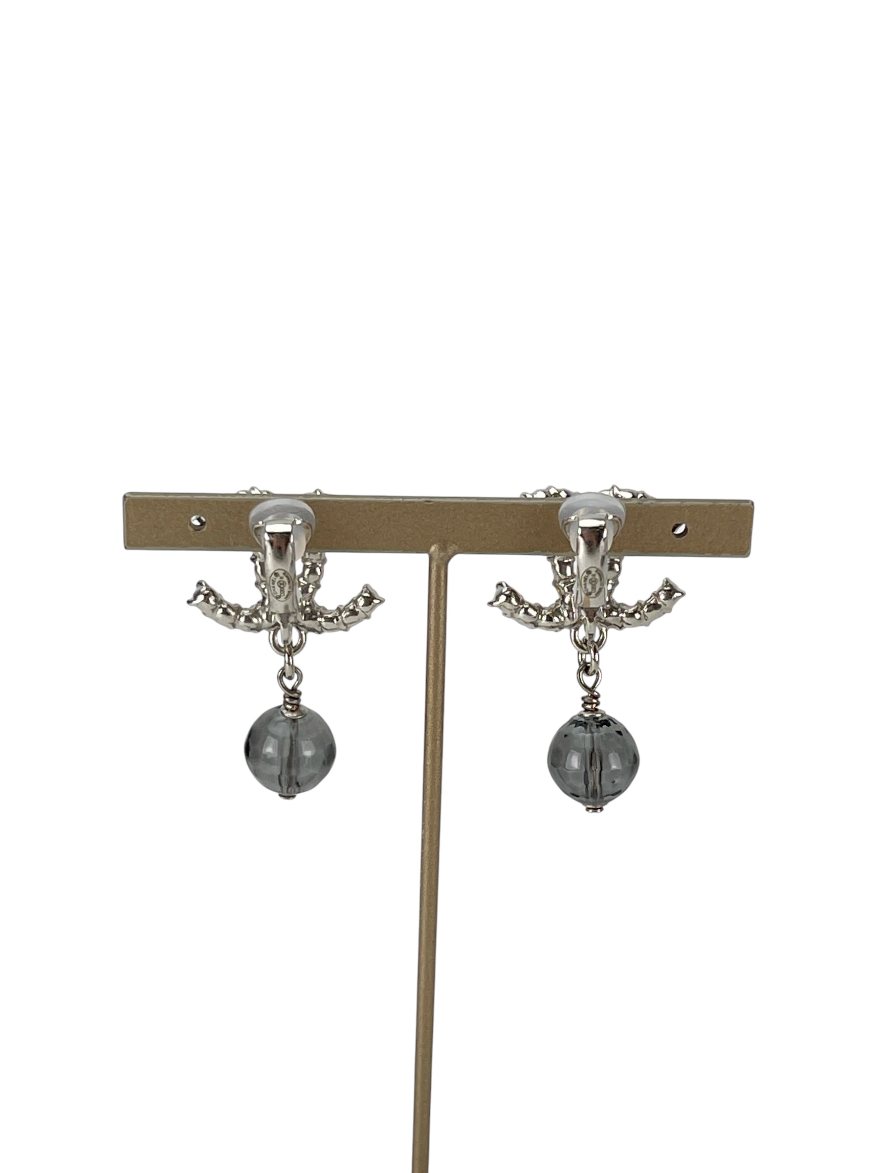 CHANEL - Silver CC Gray Bead Drop Earrings