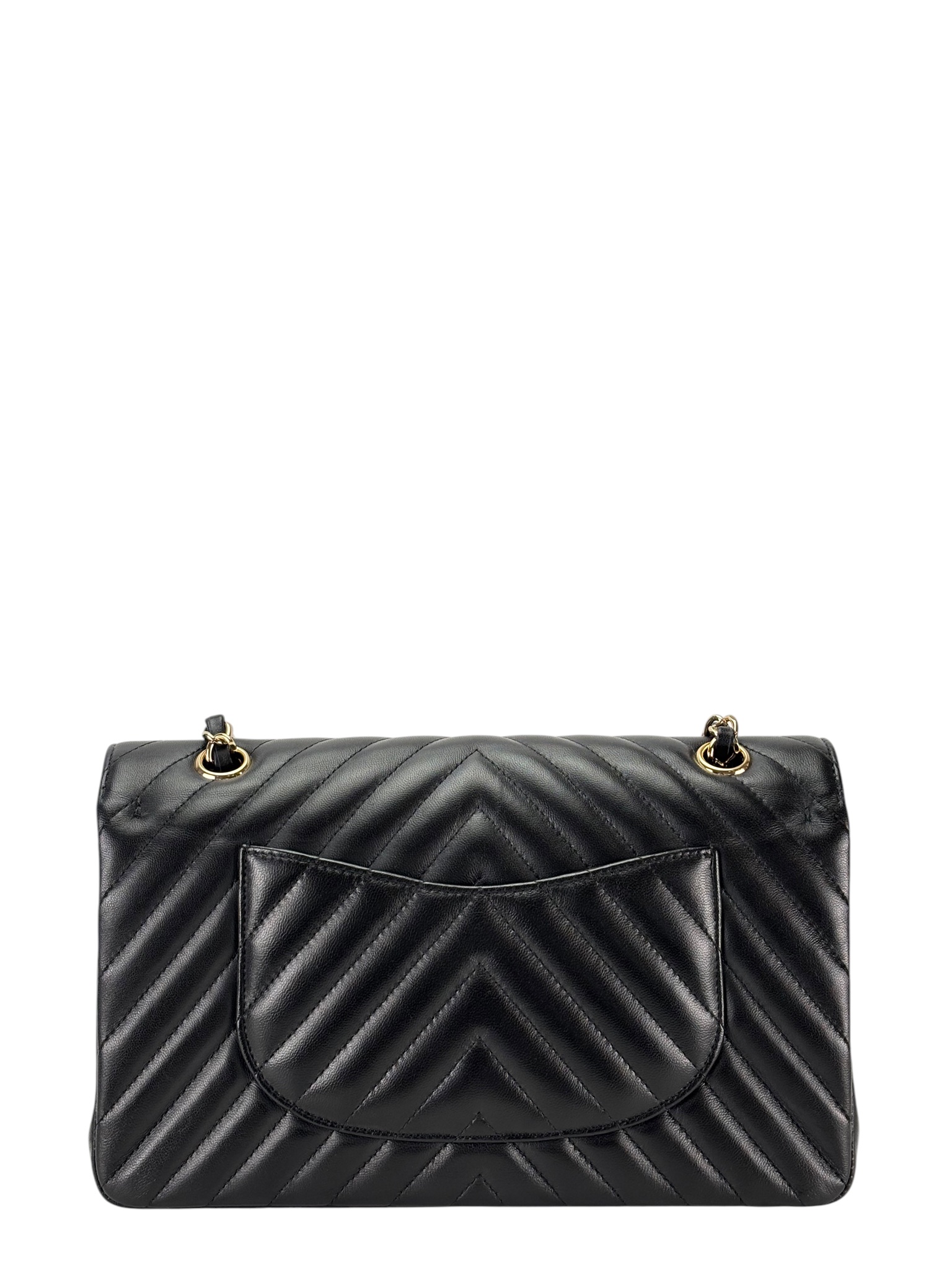 CHANEL - Medium Classic Double Flap Bag Chevron Black Lambskin Gold Hardware (CF25) 
