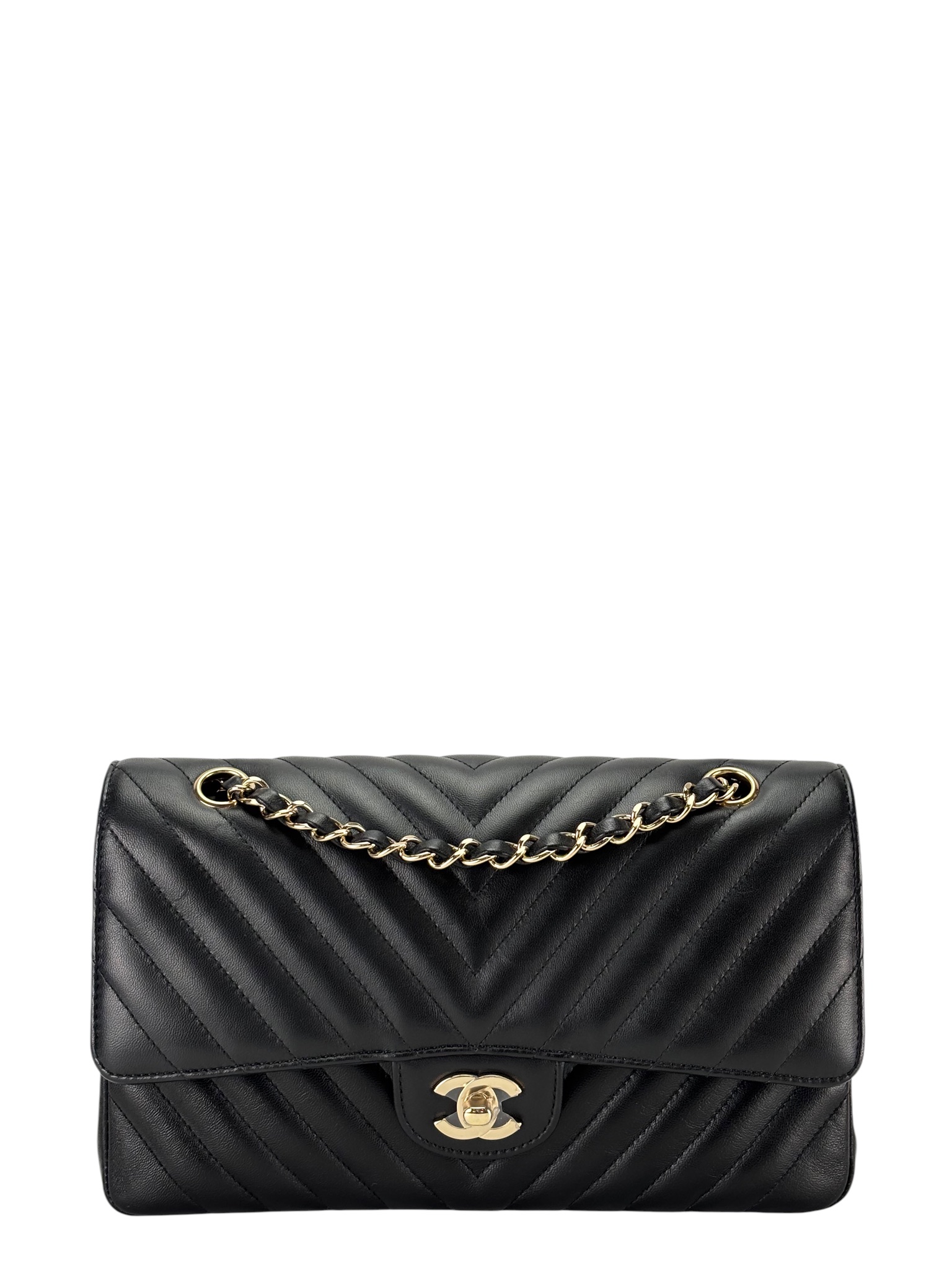 CHANEL - Medium Classic Double Flap Bag Chevron Black Lambskin Gold Hardware (CF25) 