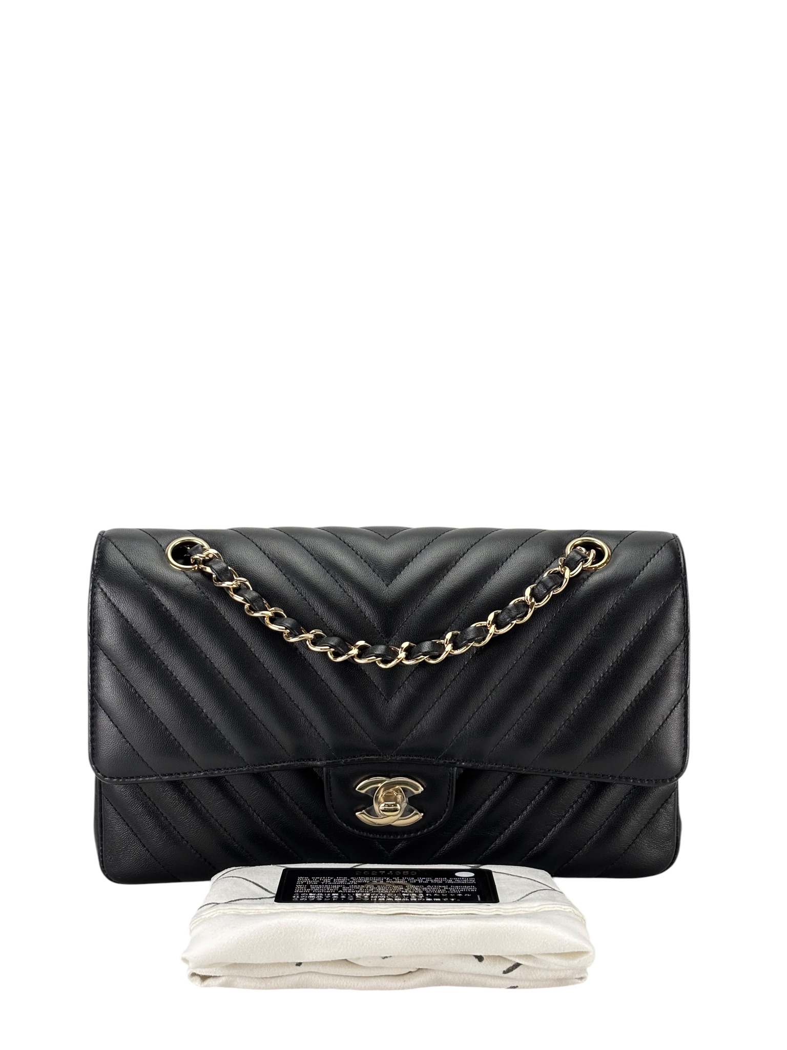 CHANEL - Medium Classic Double Flap Bag Chevron Black Lambskin Gold Hardware (CF25) 