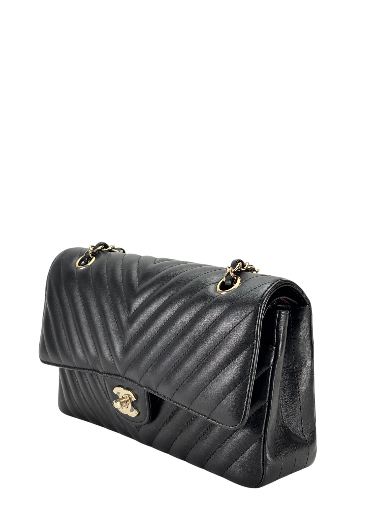 CHANEL - Medium Classic Double Flap Bag Chevron Black Lambskin Gold Hardware (CF25) 